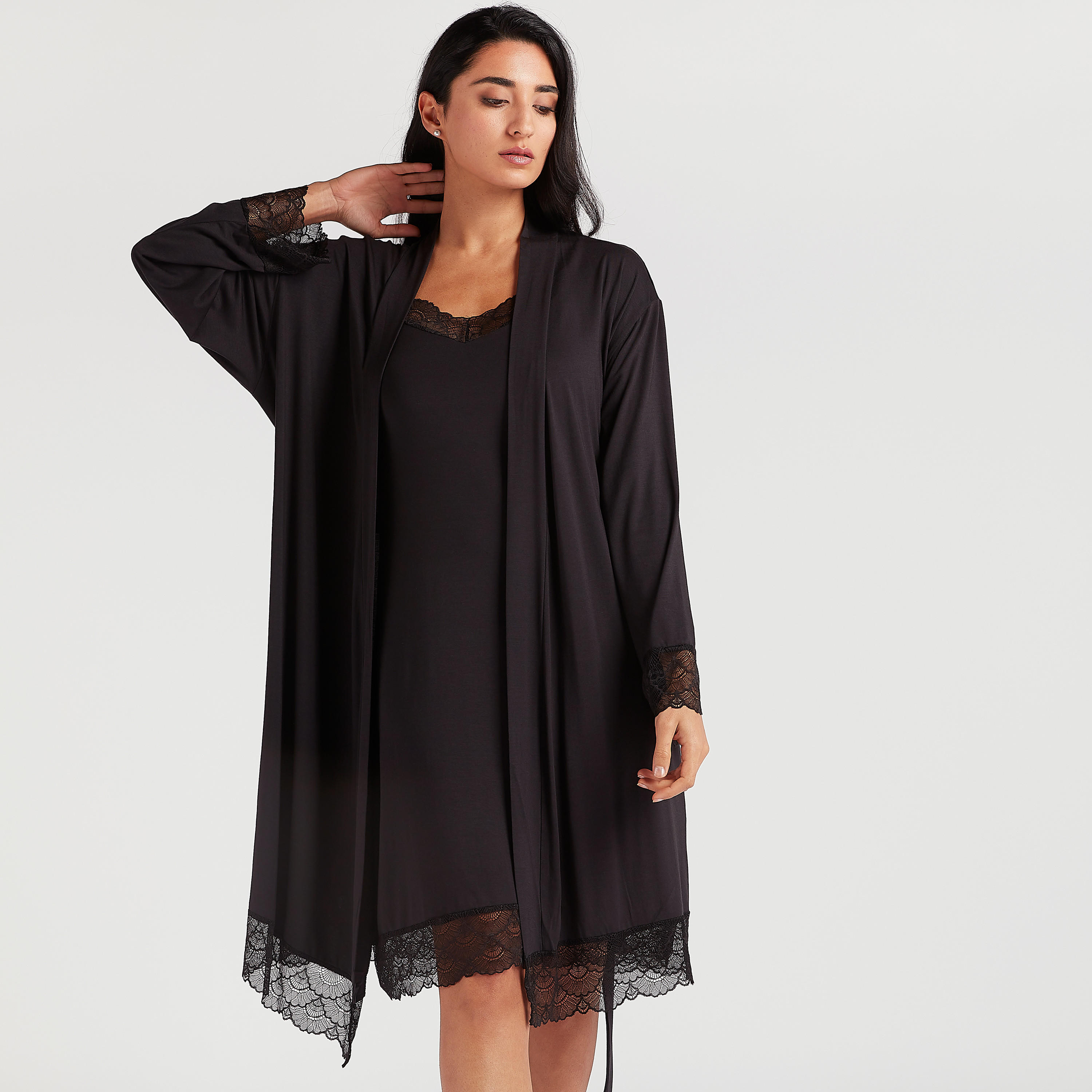 Solid Night Robe with Shawl Neck and Lace Detail-women-clothing-nightwear-robes-image-1