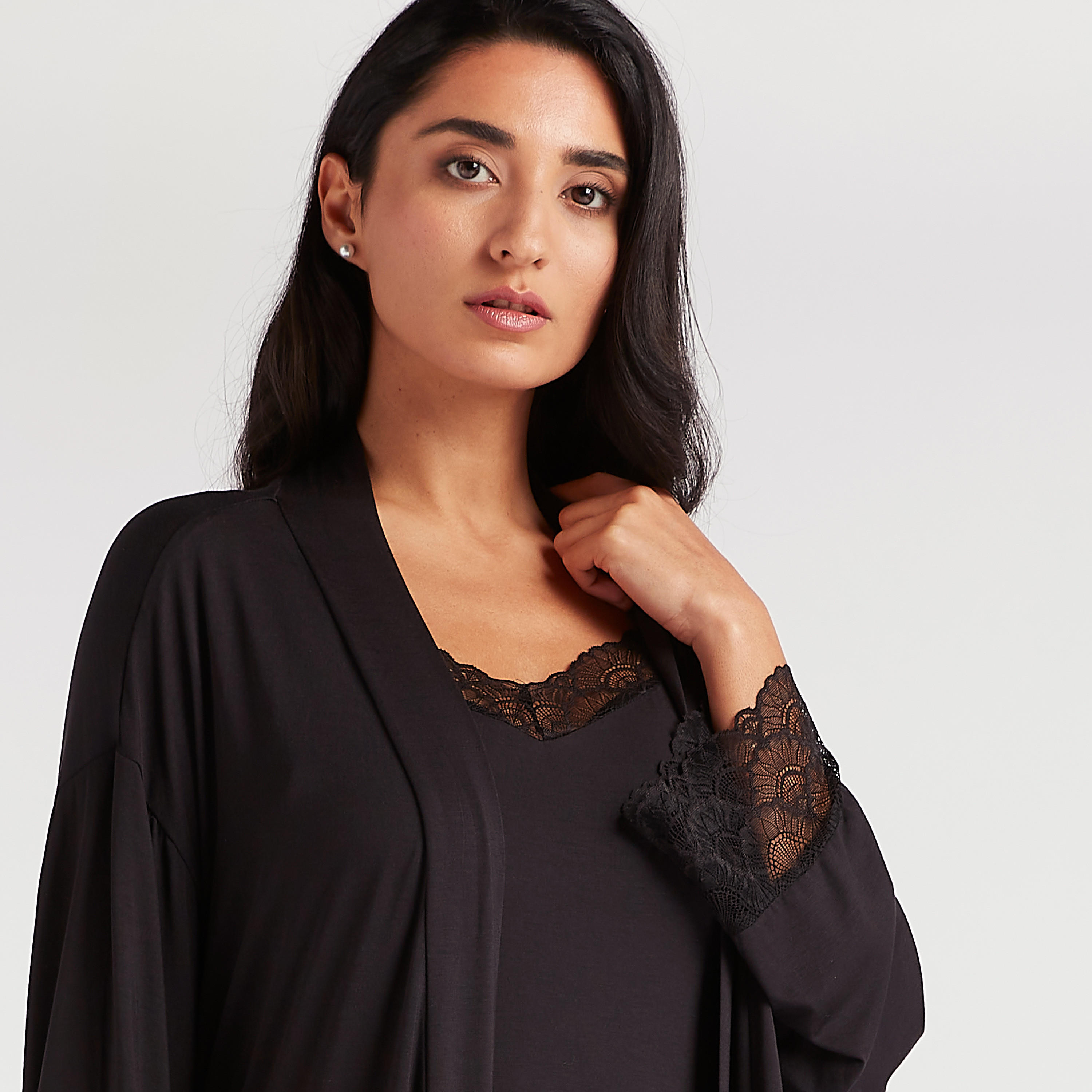 Solid Night Robe with Shawl Neck and Lace Detail-women-clothing-nightwear-robes-image-2