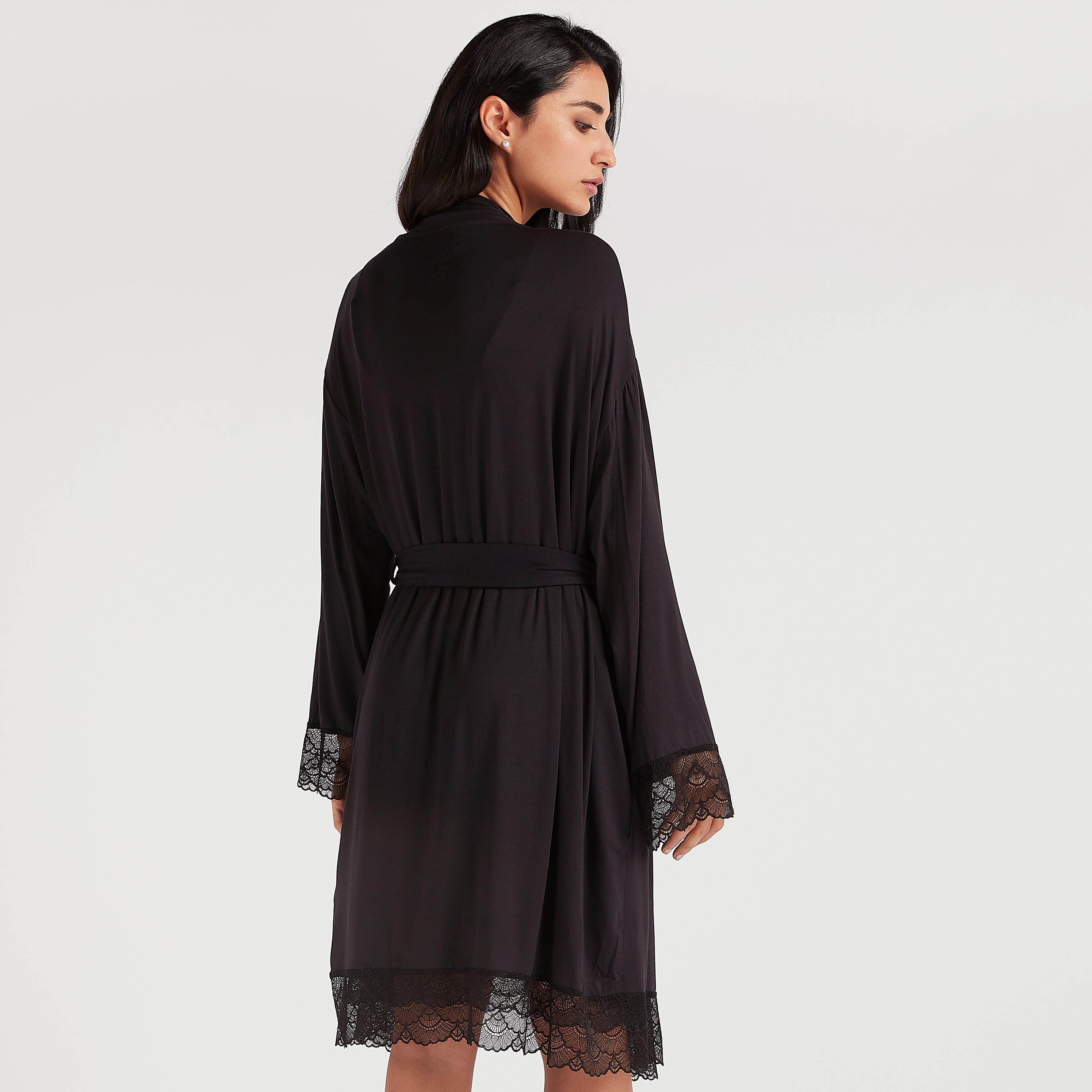 Solid Night Robe with Shawl Neck and Lace Detail-women-clothing-nightwear-robes-image-3