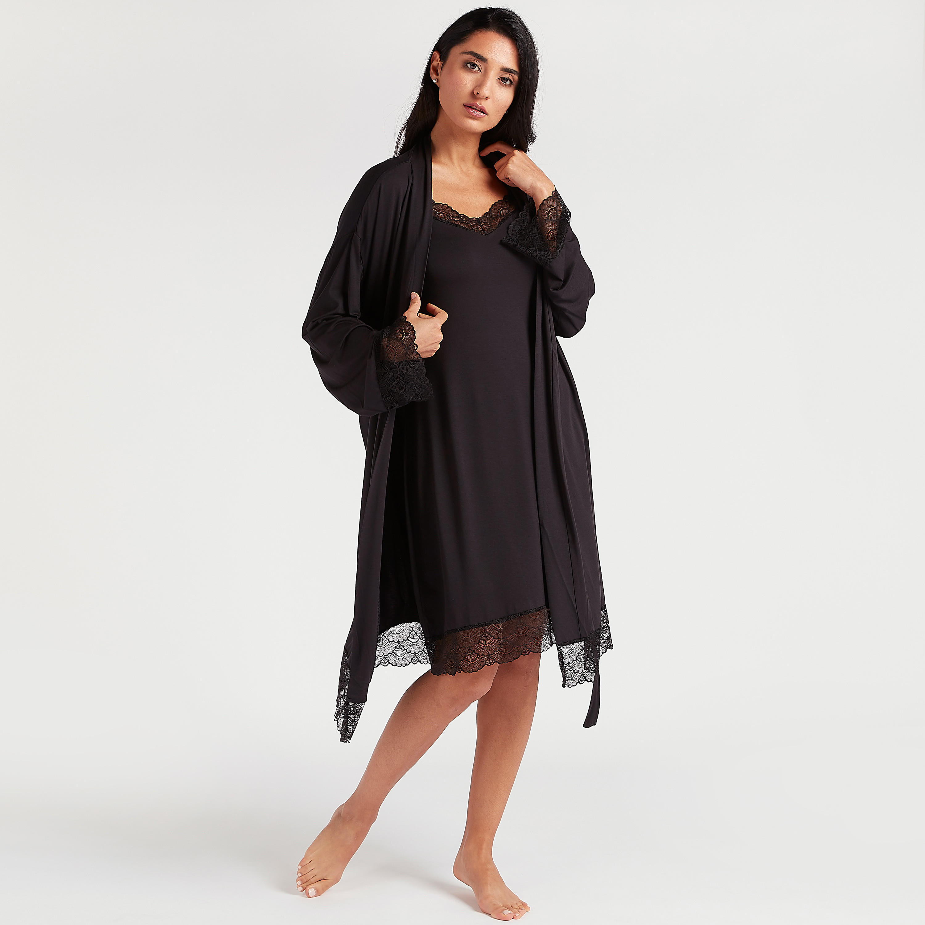 Solid Night Robe with Shawl Neck and Lace Detail-women-clothing-nightwear-robes-image-5