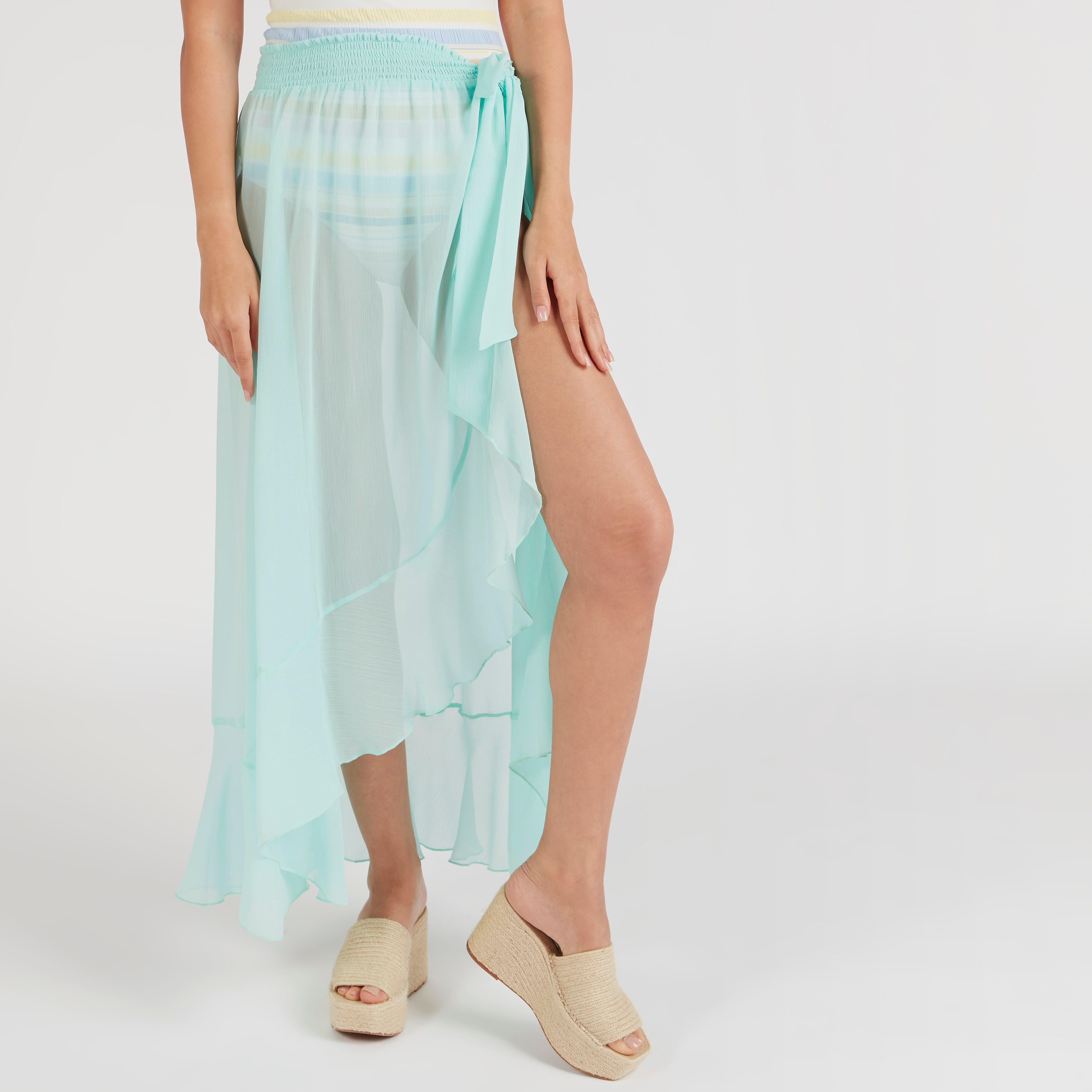 تنّورة سادة بخصر متوسّط الارتفاع وكشكشة من بيتش وير-women-clothing-swimandbeach-beachwear-image-1