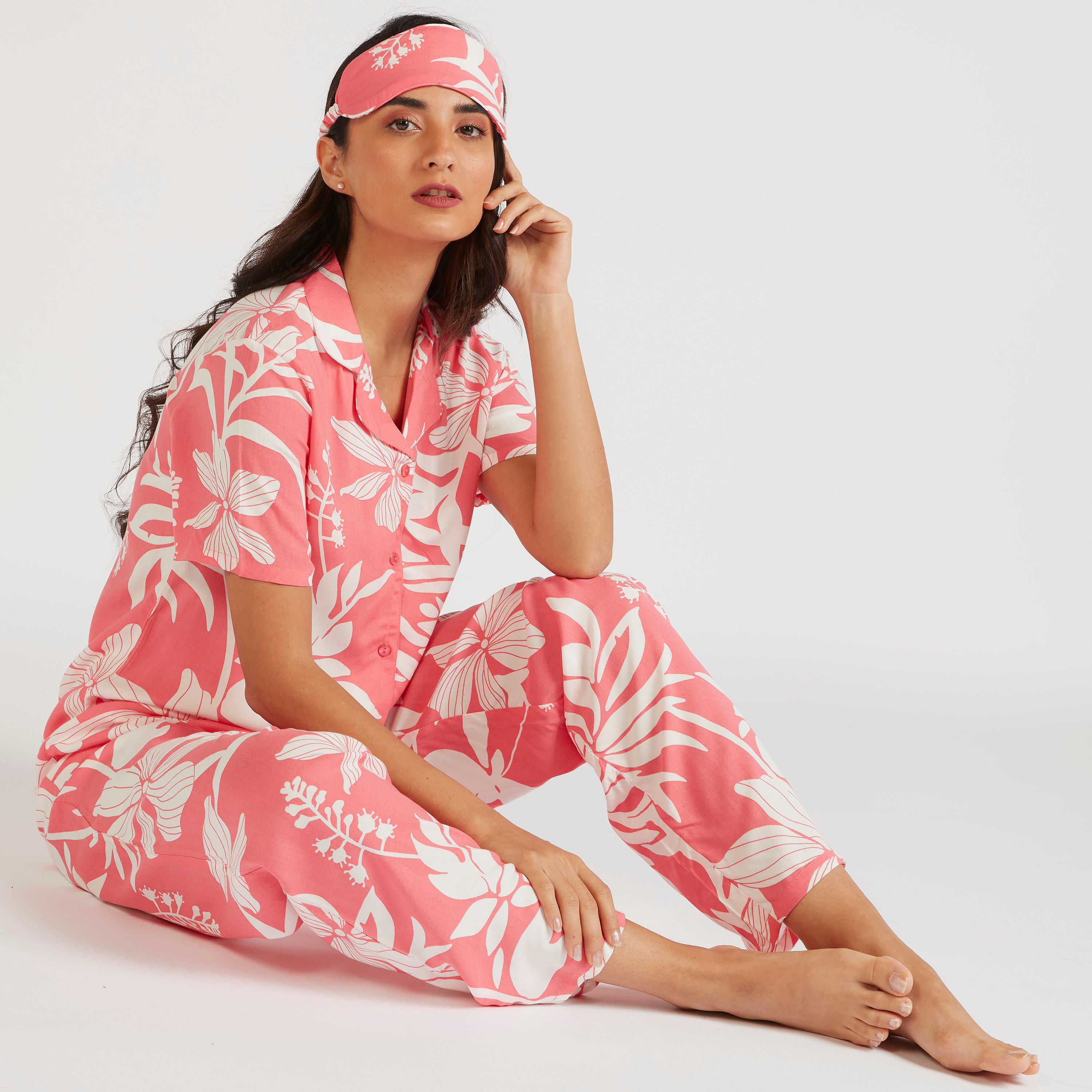 طقم بنطلون بيجاما وقميص بطبعات أزهار-women-clothing-nightwear-pyjamas-longsets-image-1