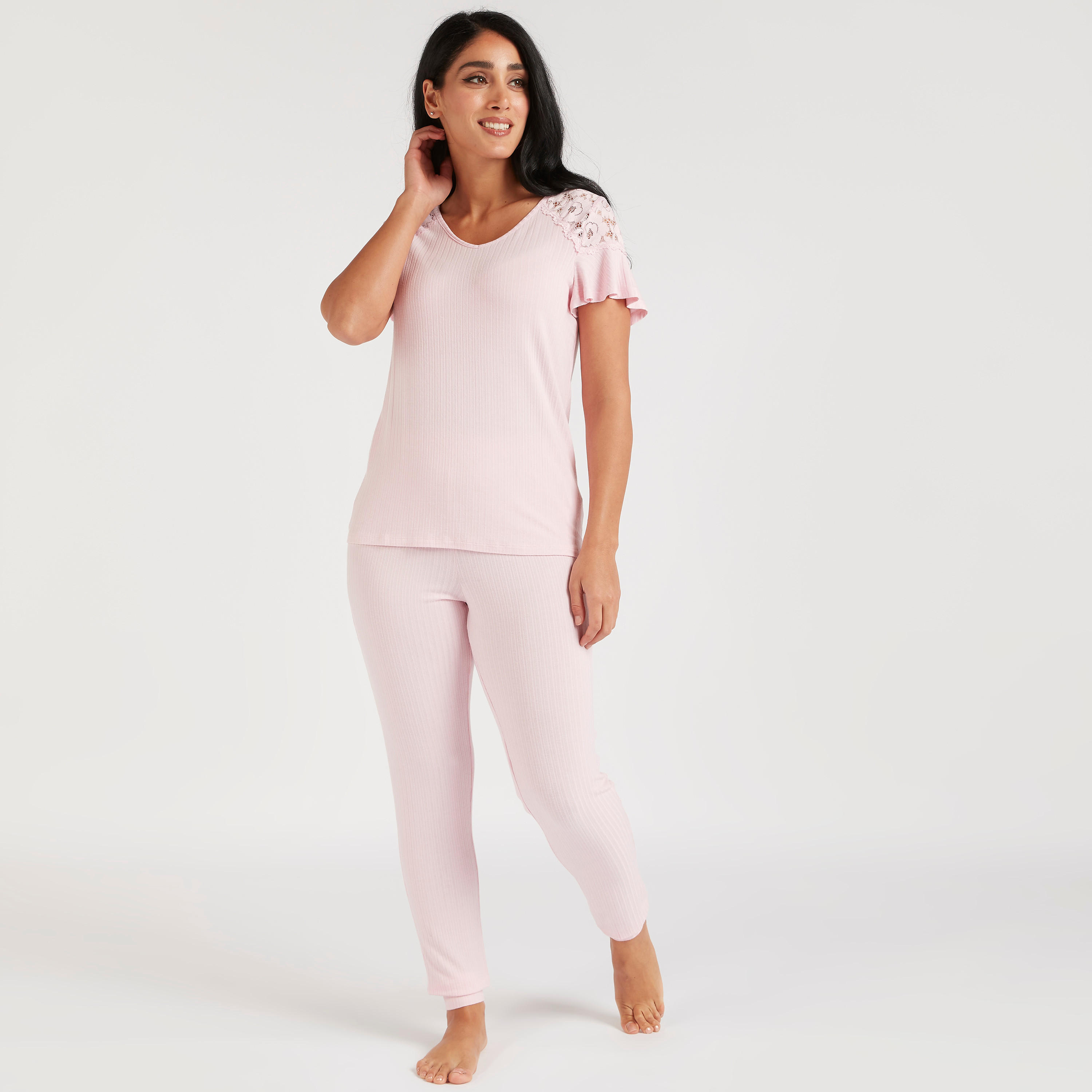 طقم بنطلون بيجاما وتيشيرت بدواخل دانتيل-women-clothing-nightwear-pyjamas-longsets-image-1