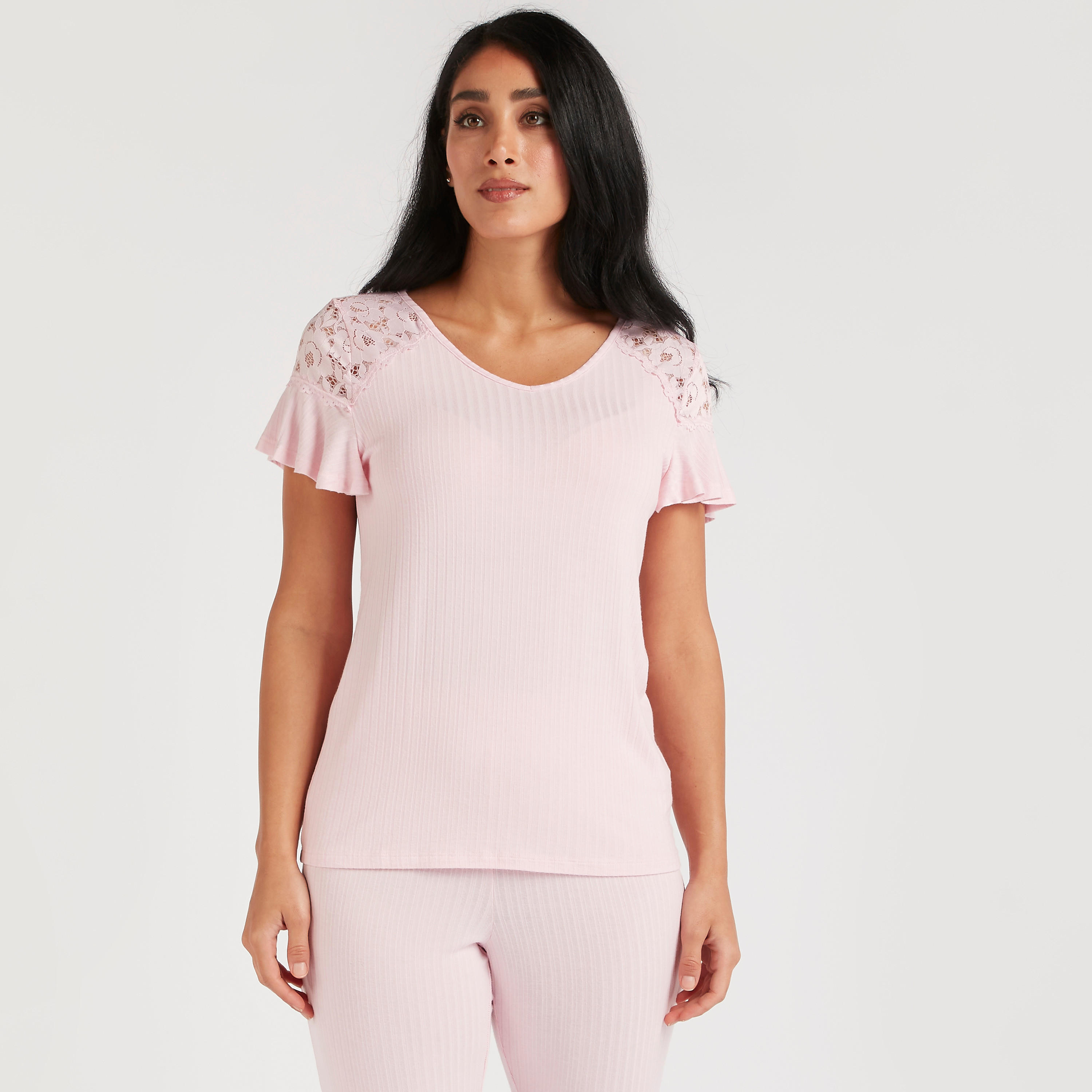 طقم بنطلون بيجاما وتيشيرت بدواخل دانتيل-women-clothing-nightwear-pyjamas-longsets-image-2