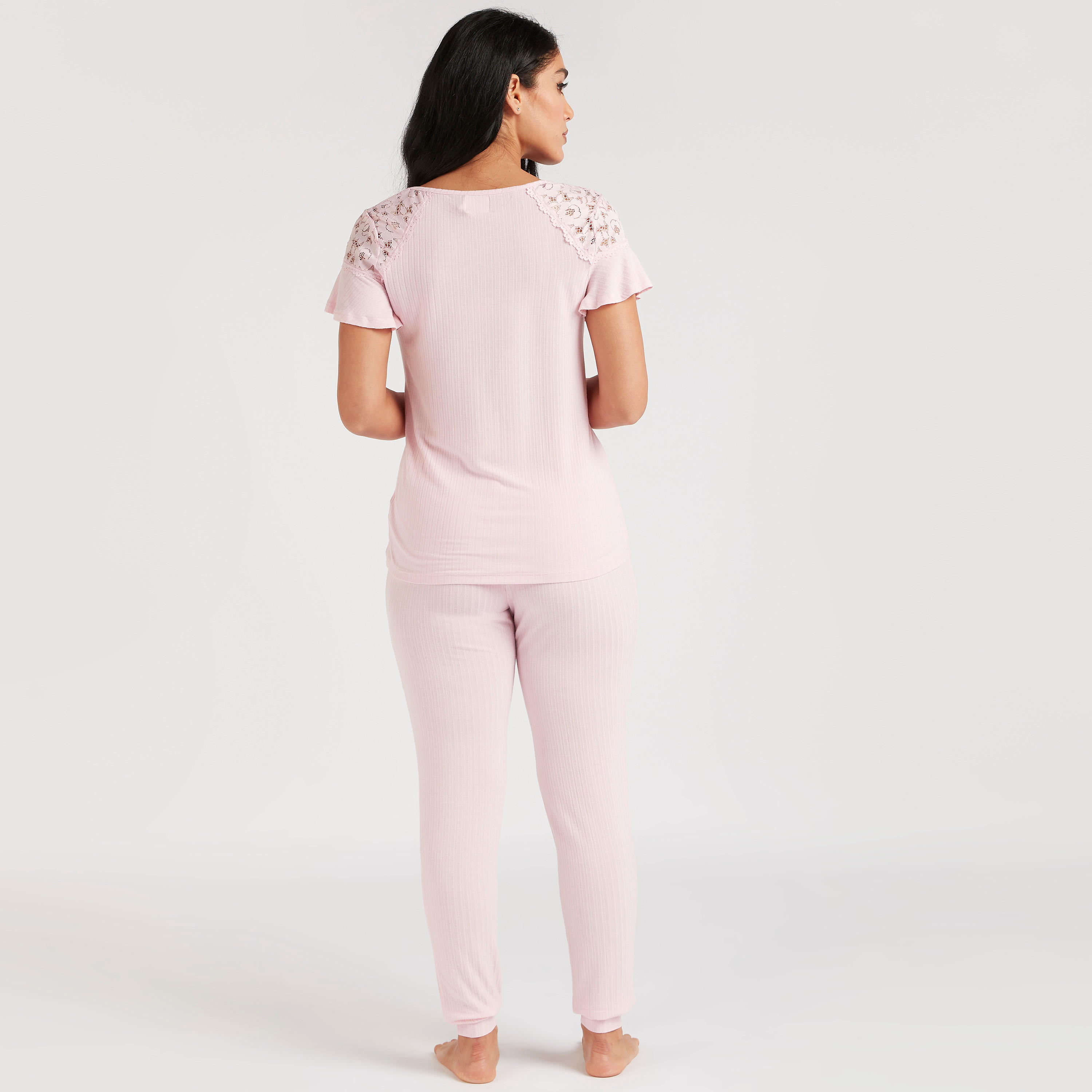 طقم بنطلون بيجاما وتيشيرت بدواخل دانتيل-women-clothing-nightwear-pyjamas-longsets-image-3