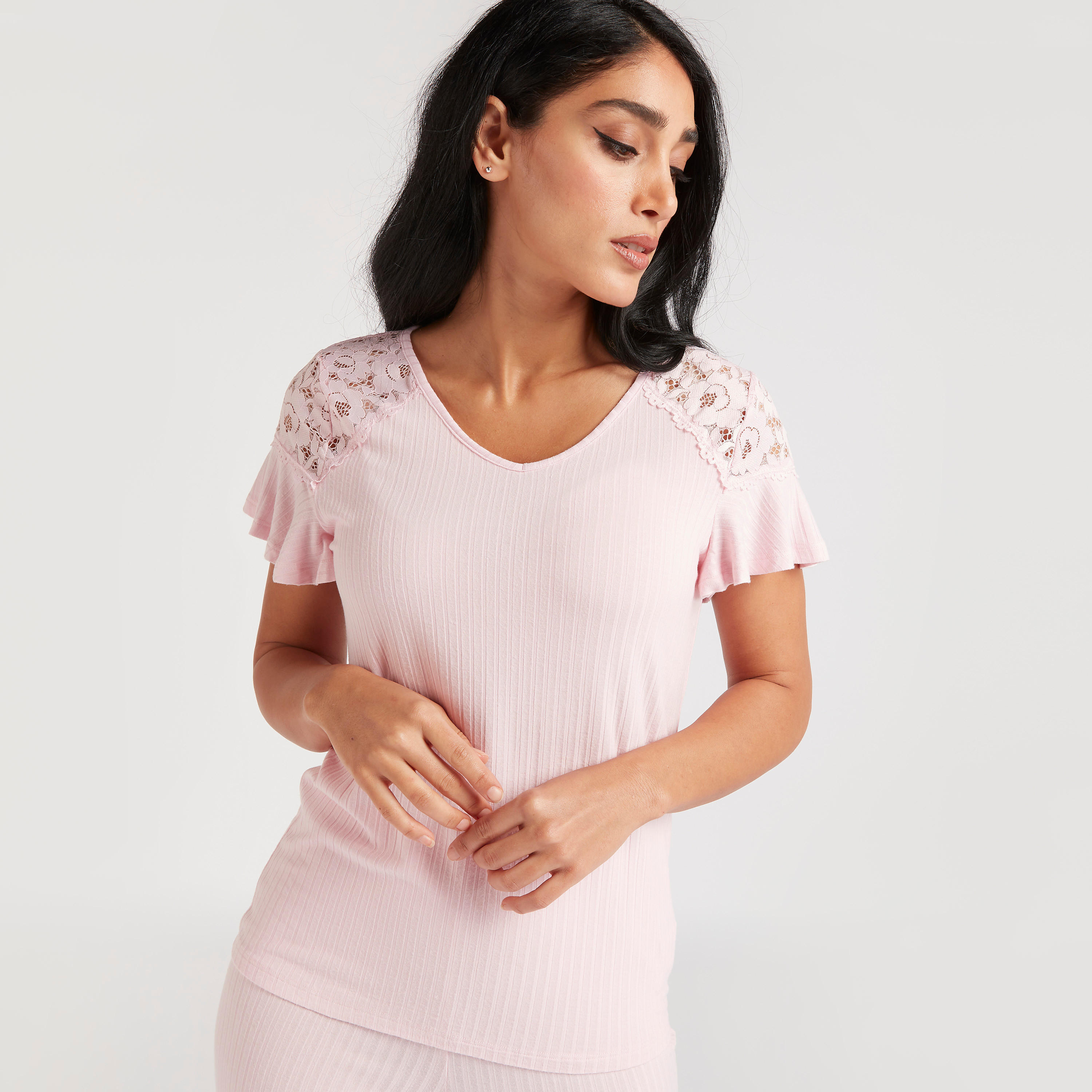 طقم بنطلون بيجاما وتيشيرت بدواخل دانتيل-women-clothing-nightwear-pyjamas-longsets-image-6