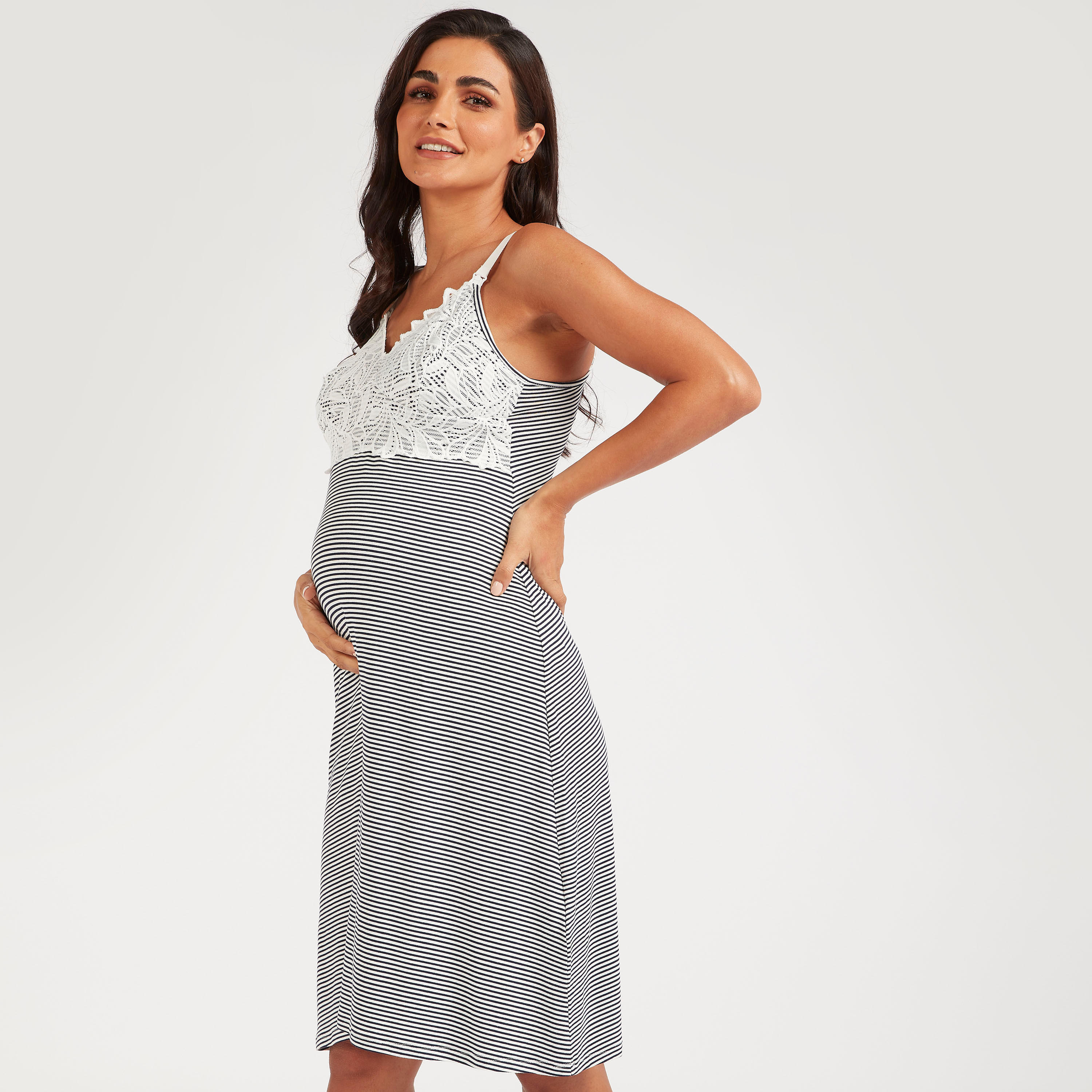 Striped Lace Detail Maternity Sleepshirt with Adjustable Straps-women-clothing-maternity-nightwear-image-1