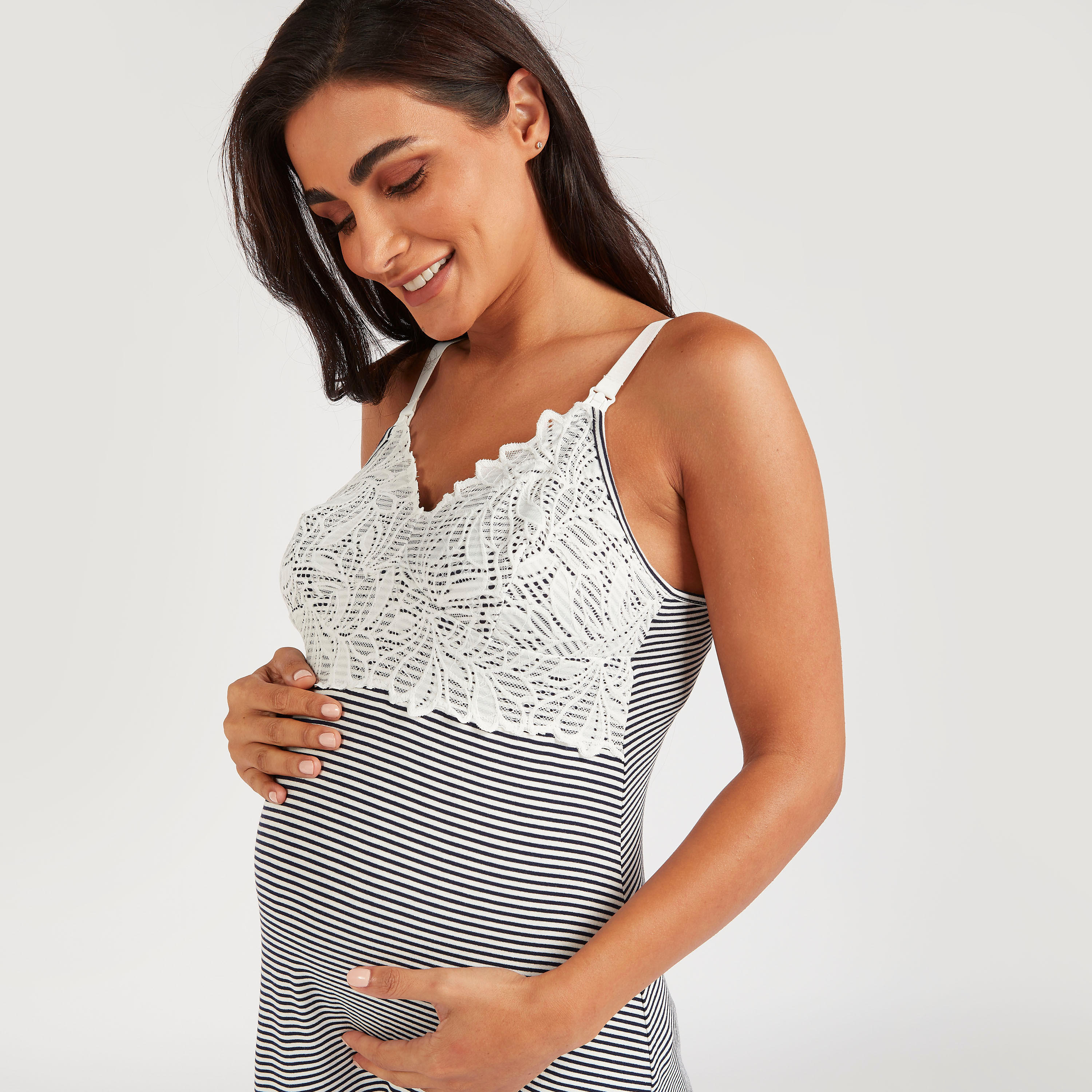 Striped Lace Detail Maternity Sleepshirt with Adjustable Straps-women-clothing-maternity-nightwear-image-3