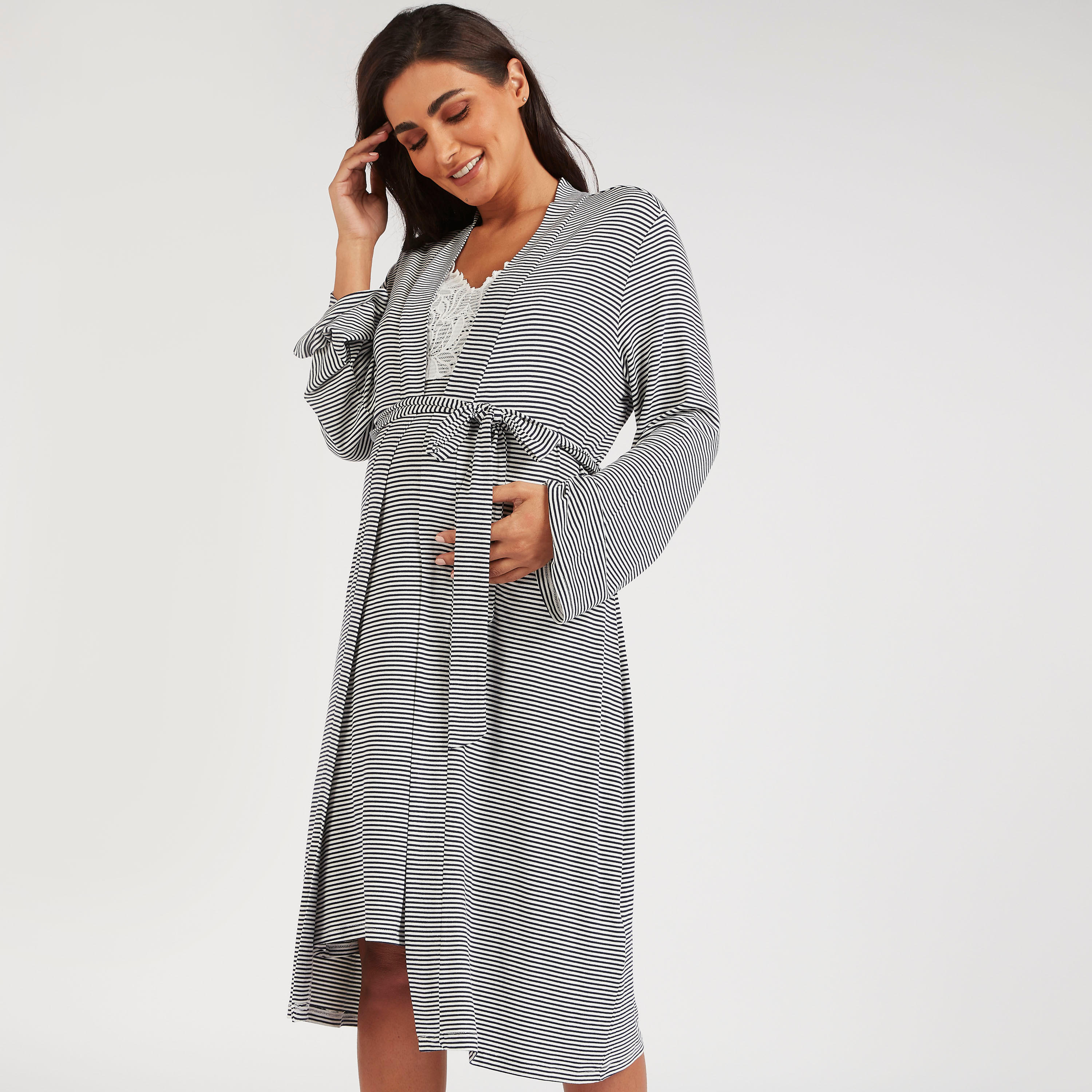 Striped Belted Maternity Night Robe with Long Sleeves-women-clothing-maternity-nightwear-image-1