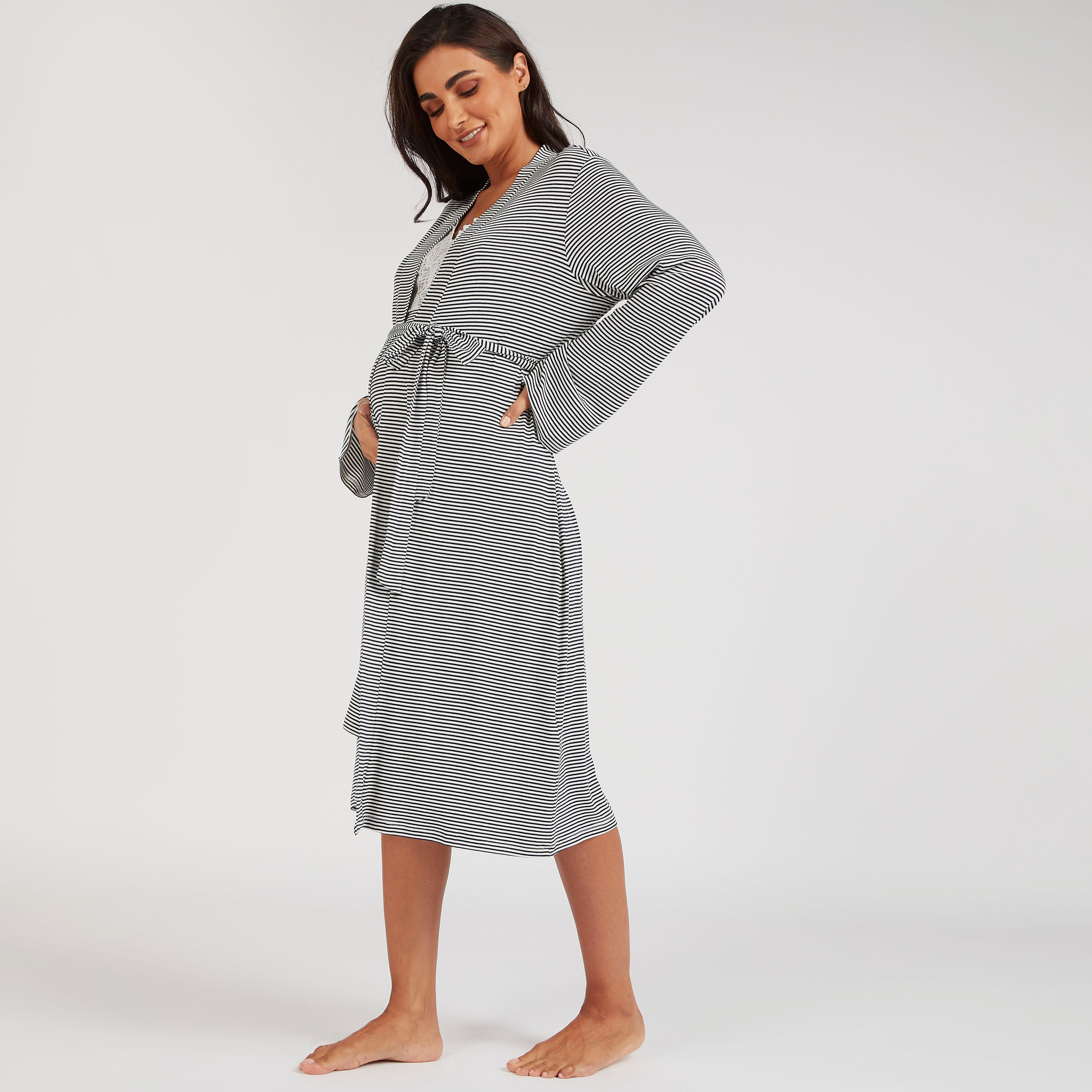 Striped Belted Maternity Night Robe with Long Sleeves-women-clothing-maternity-nightwear-image-2