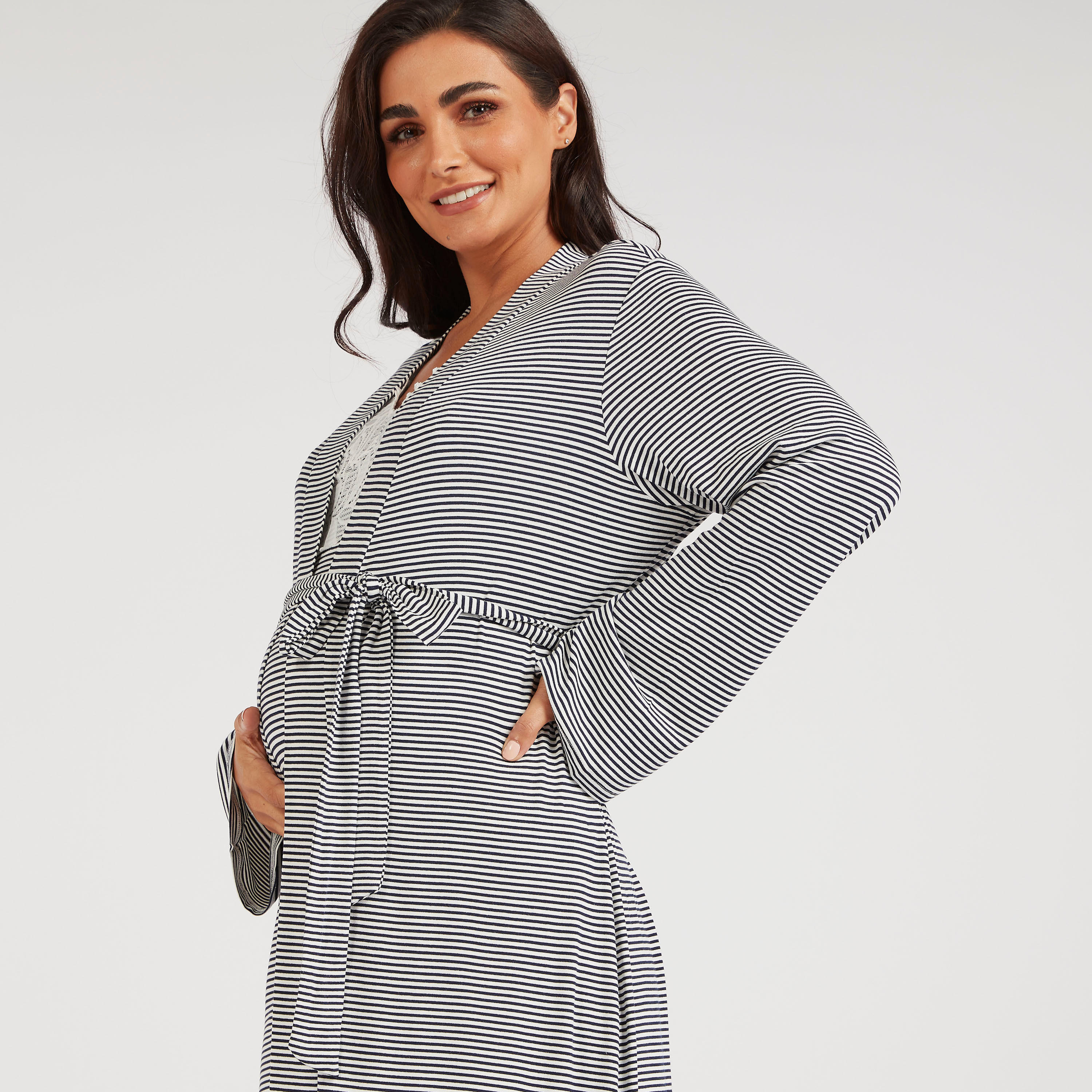 Striped Belted Maternity Night Robe with Long Sleeves-women-clothing-maternity-nightwear-image-3