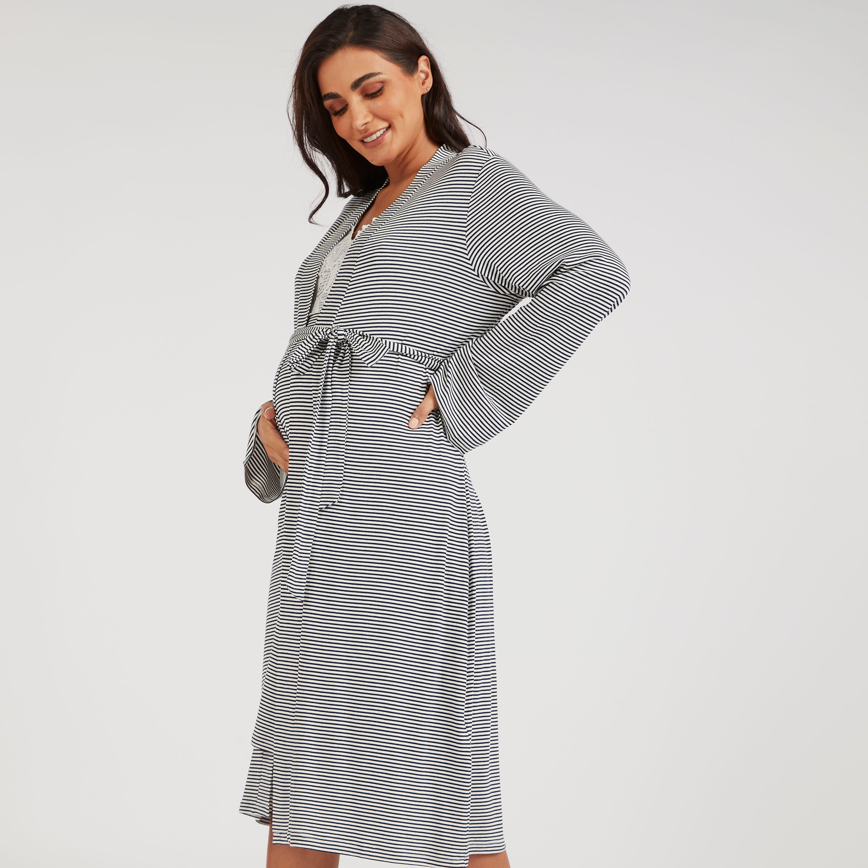 Striped Belted Maternity Night Robe with Long Sleeves-women-clothing-maternity-nightwear-image-5