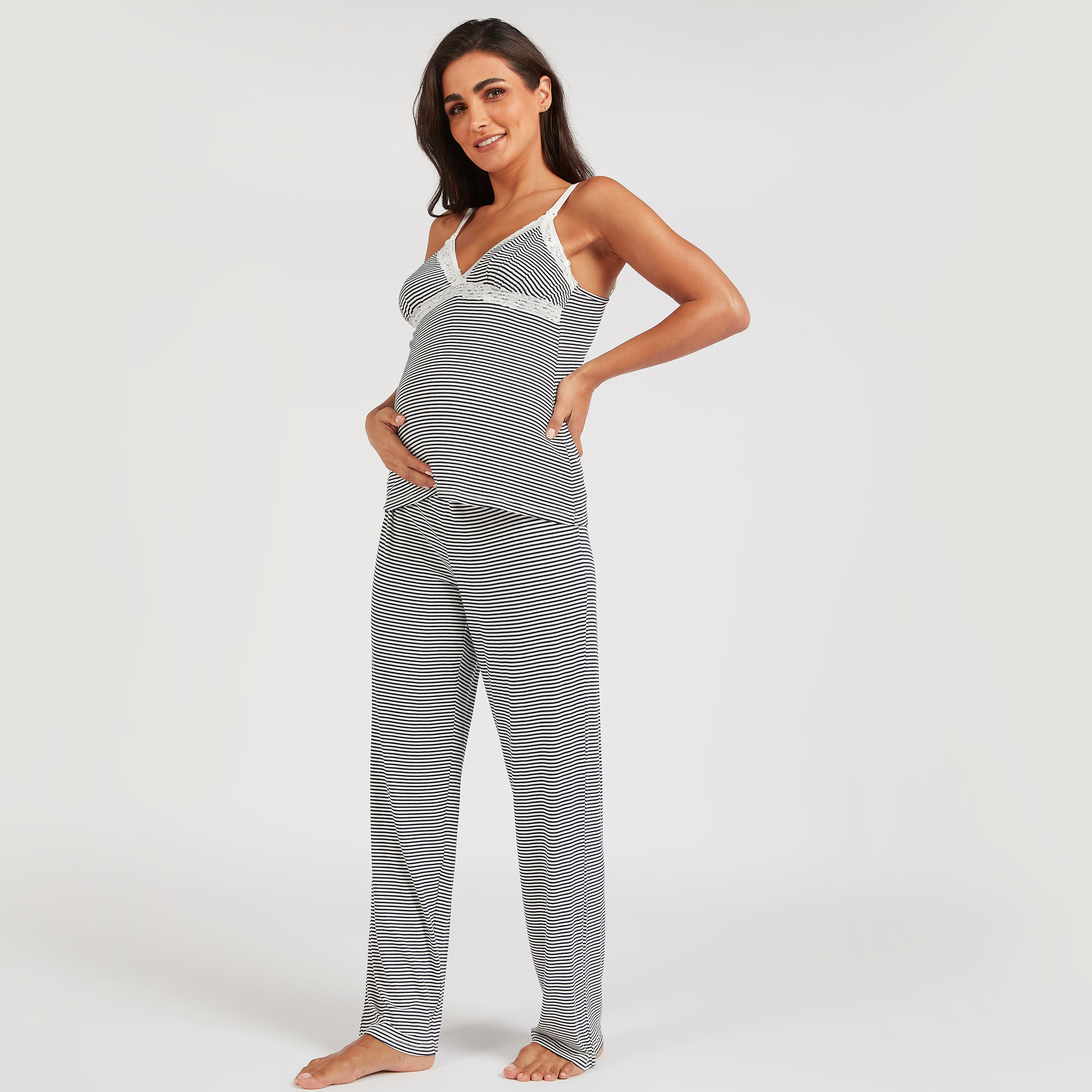 طقم بنطلون بيجاما وبلوزة كامي مقلّمة بتفاصيل دانتيل للحوامل-women-clothing-maternity-nightwear-image-1