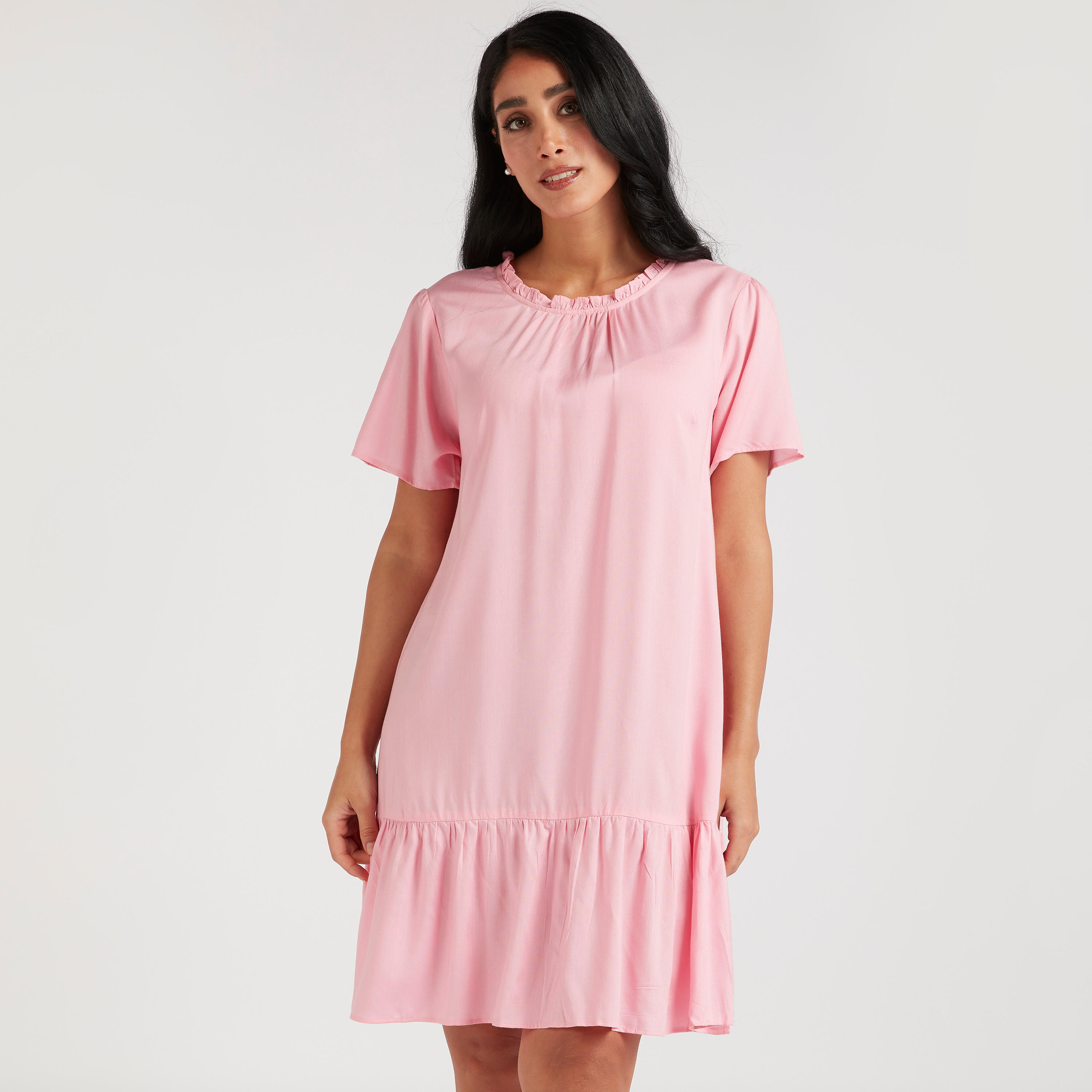 قميص نوم بطبعات وأكمام قصيرة وياقة مستديزة - طقم من قطعتين-women-clothing-nightwear-nighties-image-2