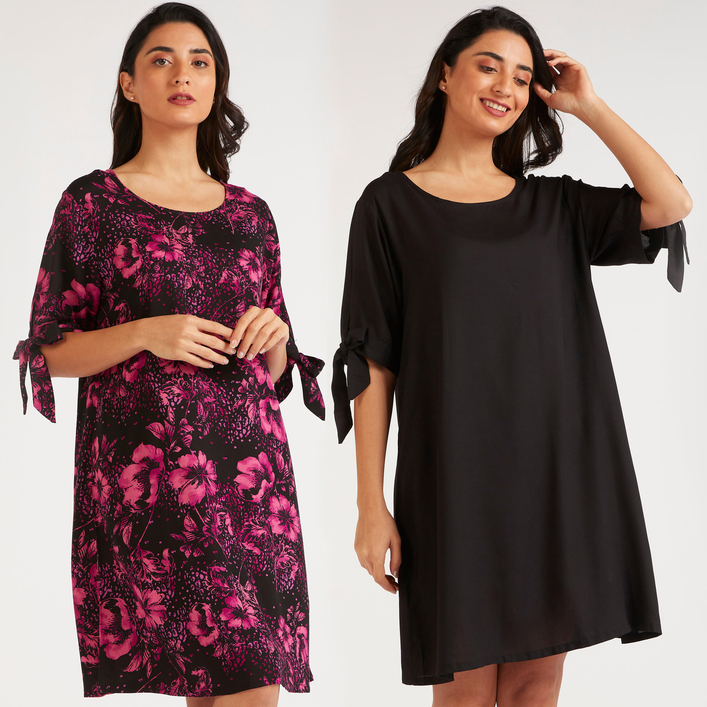 طقم قمصان نوم متنوّعة بياقة مستديرة وأكمام بأطراف معقودة - قطعتين-women-clothing-nightwear-nighties-image-1