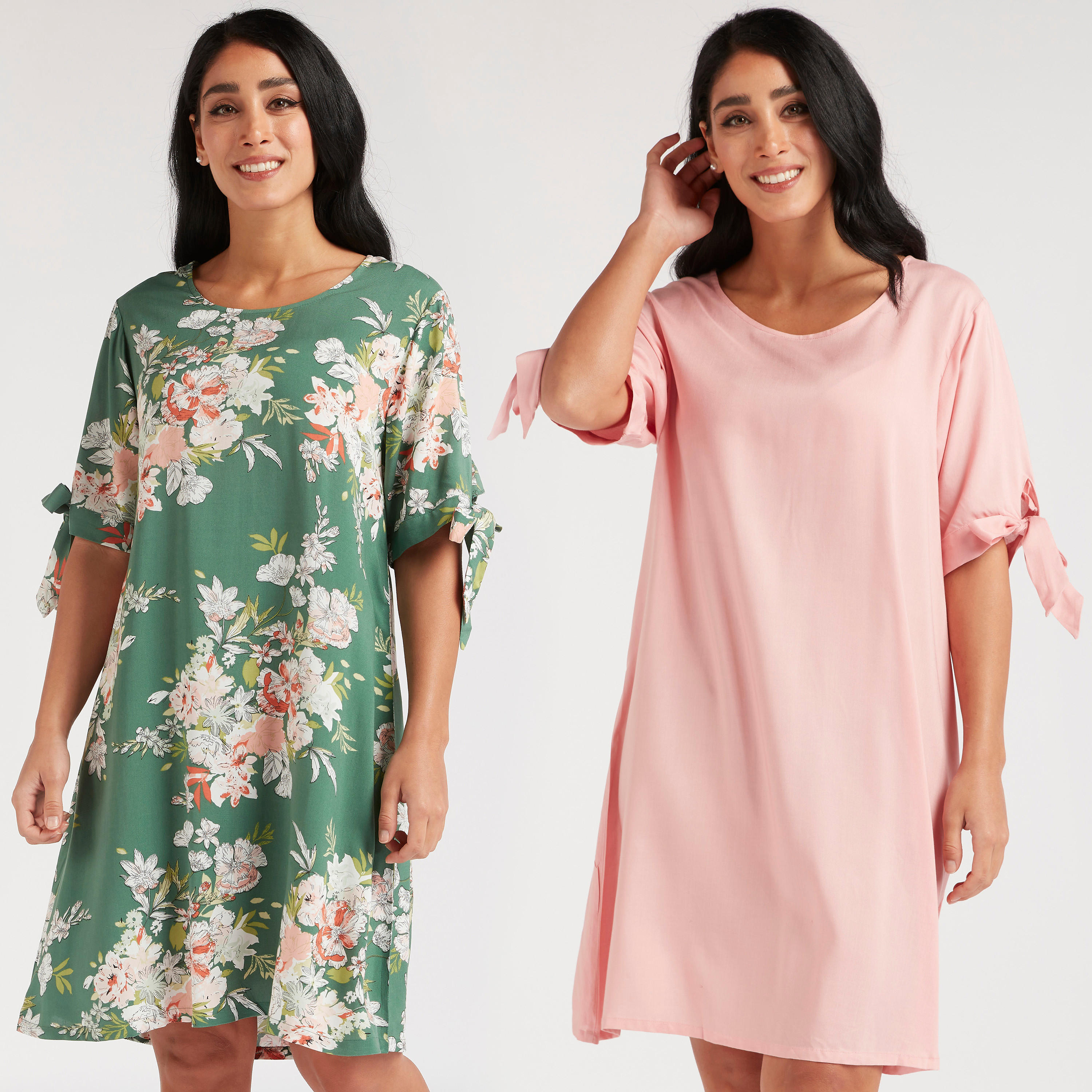 طقم قمصان نوم متنوّعة بياقة مستديرة وأكمام بأطراف معقودة - قطعتين-women-clothing-nightwear-nighties-image-1