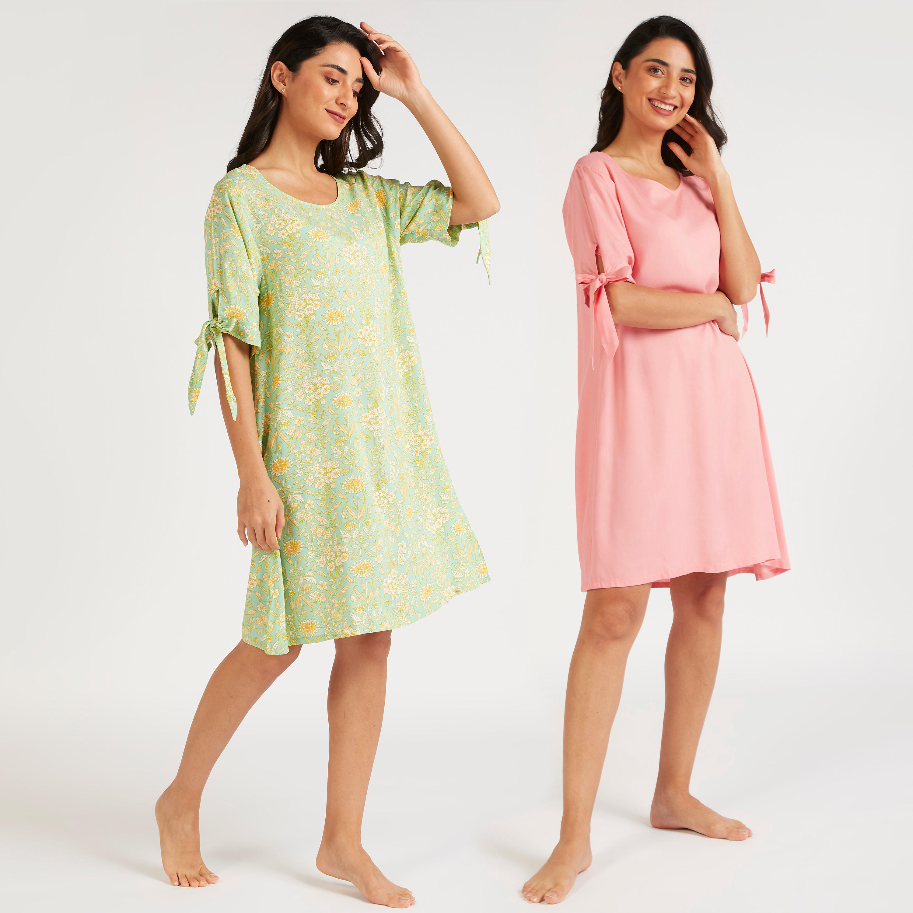 طقم قمصان نوم متنوّعة بياقة مستديرة وأكمام بأطراف معقودة - قطعتين-women-clothing-nightwear-nighties-image-1