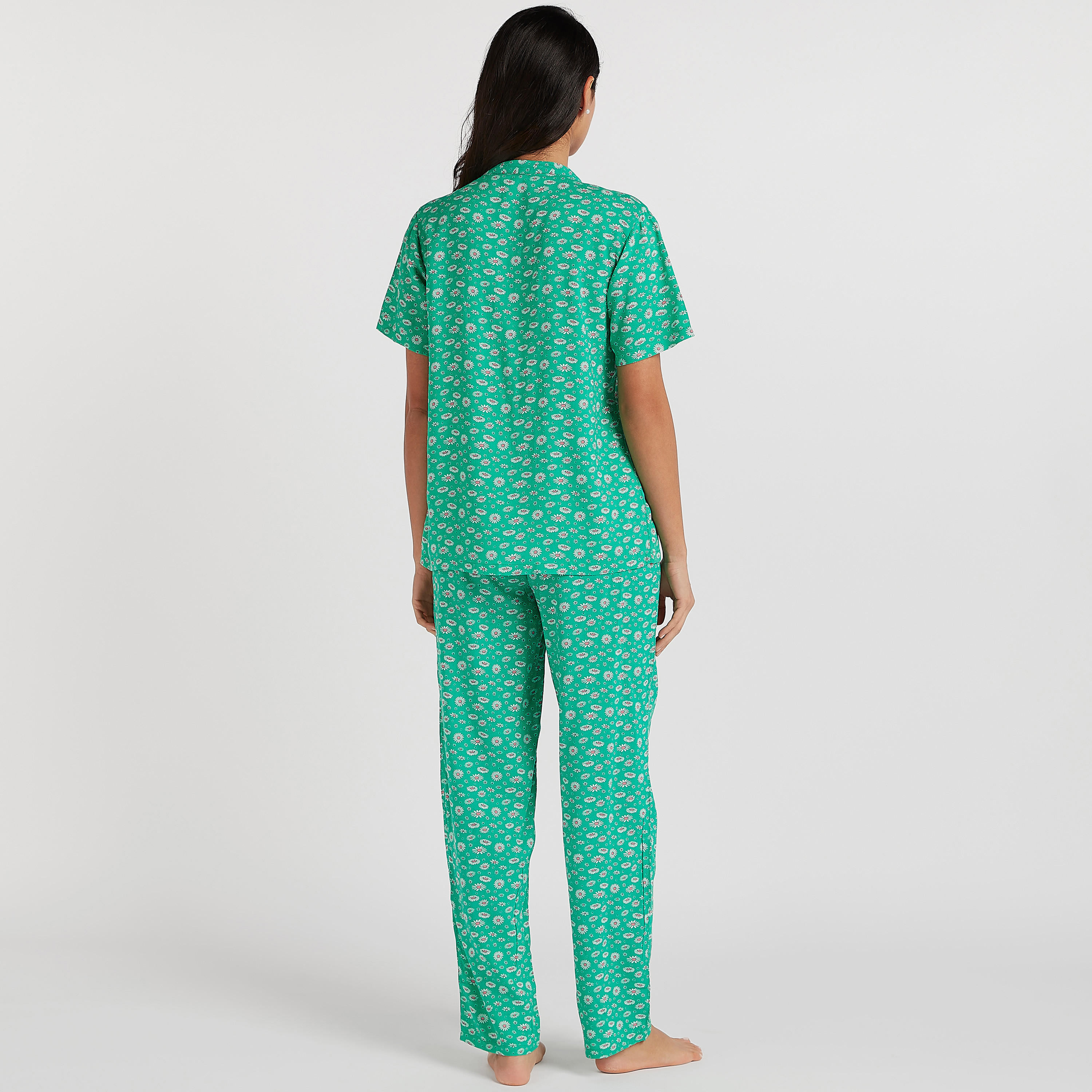 طقم مستدام من بنطلون بيجاما طويل وقميص بطبعات أزهار وياقة ماندارين-women-clothing-nightwear-pyjamas-longsets-image-3