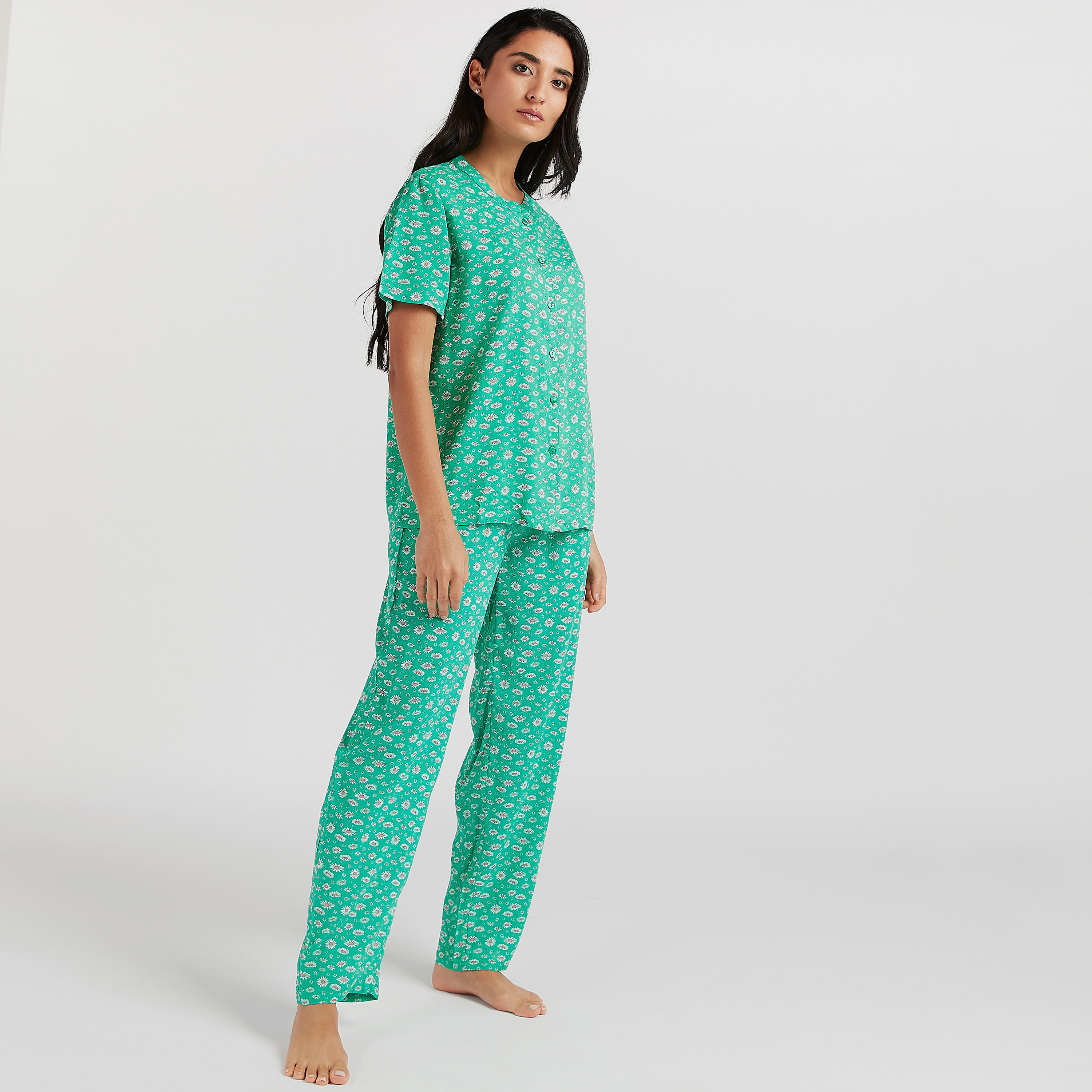 طقم مستدام من بنطلون بيجاما طويل وقميص بطبعات أزهار وياقة ماندارين-women-clothing-nightwear-pyjamas-longsets-image-6