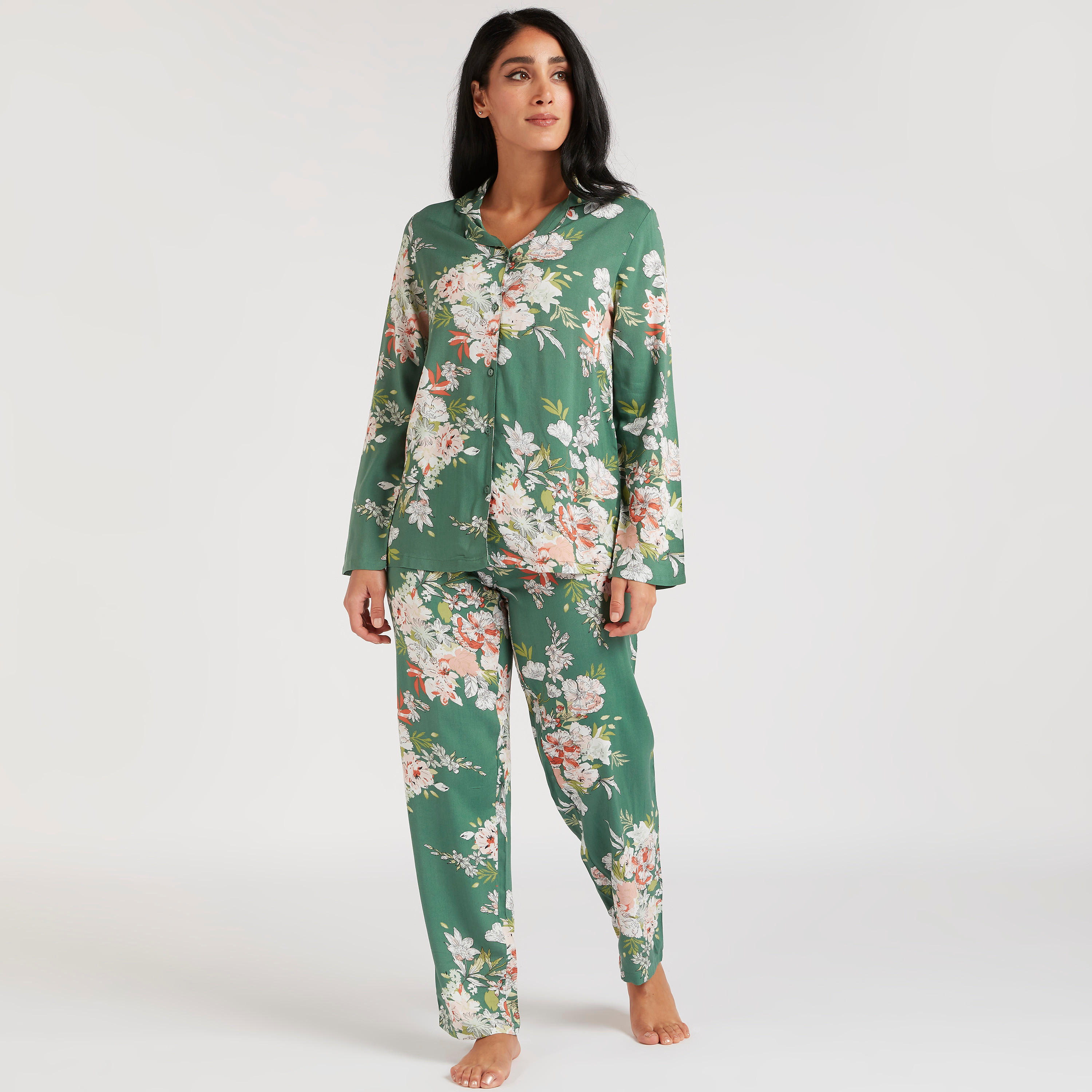 طقم بنطلون بيجاما وقميص بطبعات أزهار-women-clothing-nightwear-pyjamas-longsets-image-1
