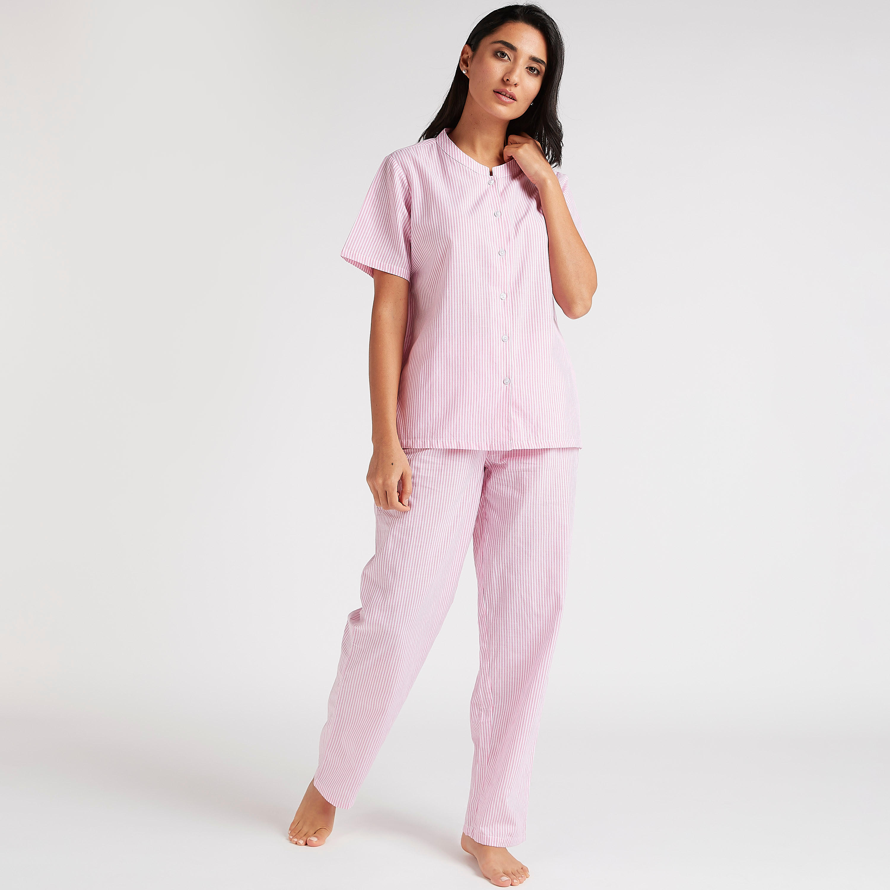 Striped Mandarin Collared Shirt and Full Length Pyjama Set-women-clothing-nightwear-pyjamas-longsets-image-1