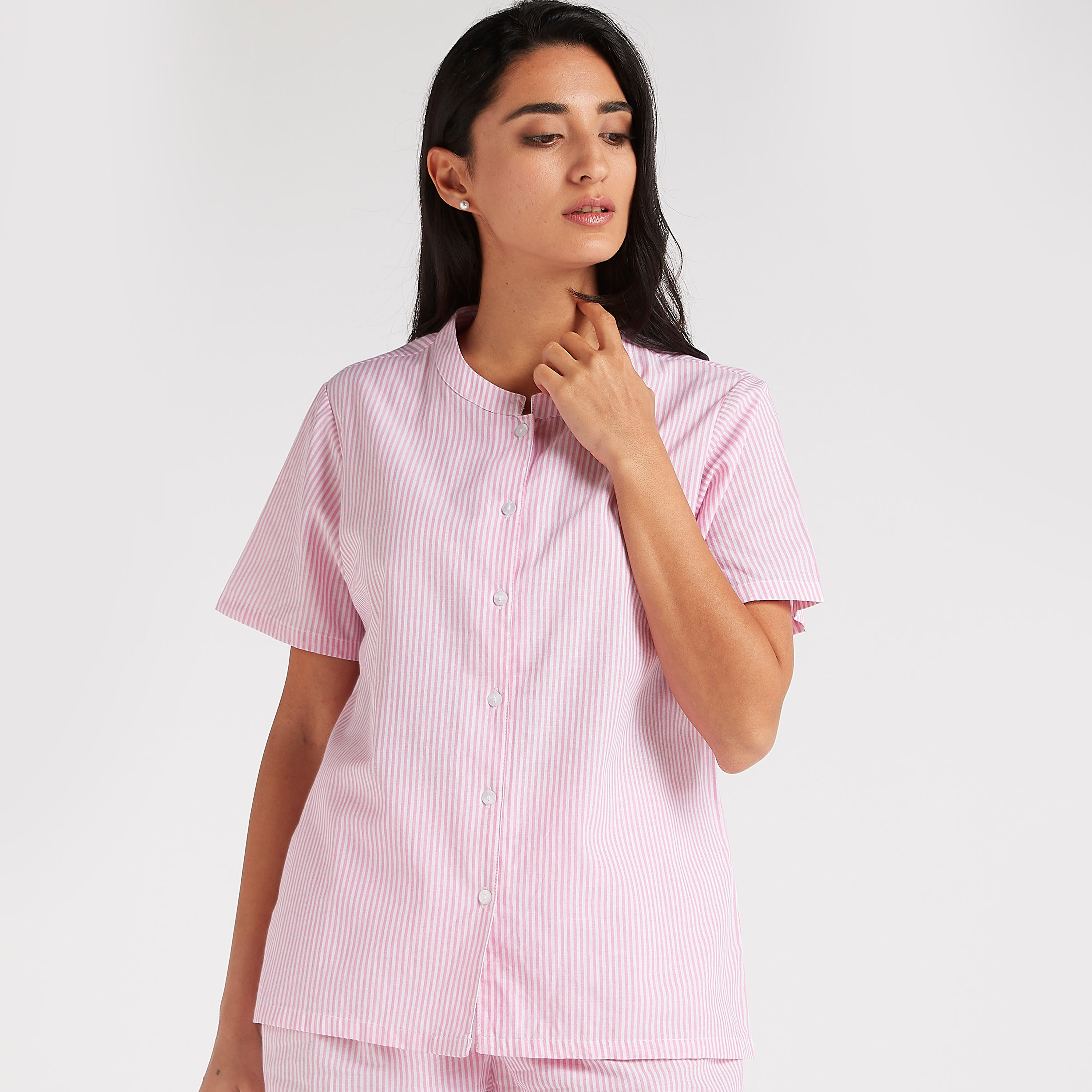 Striped Mandarin Collared Shirt and Full Length Pyjama Set-women-clothing-nightwear-pyjamas-longsets-image-2