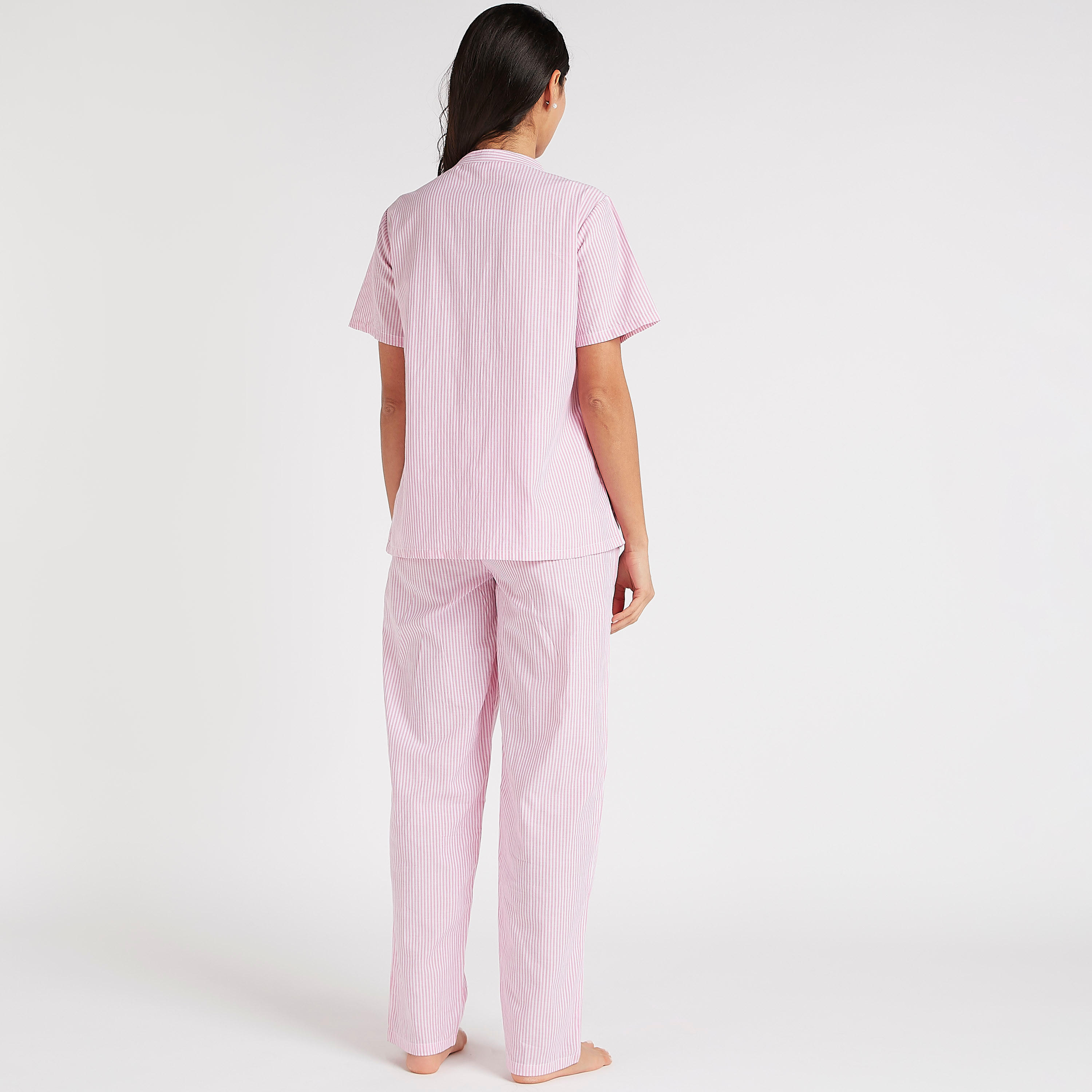 Striped Mandarin Collared Shirt and Full Length Pyjama Set-women-clothing-nightwear-pyjamas-longsets-image-3