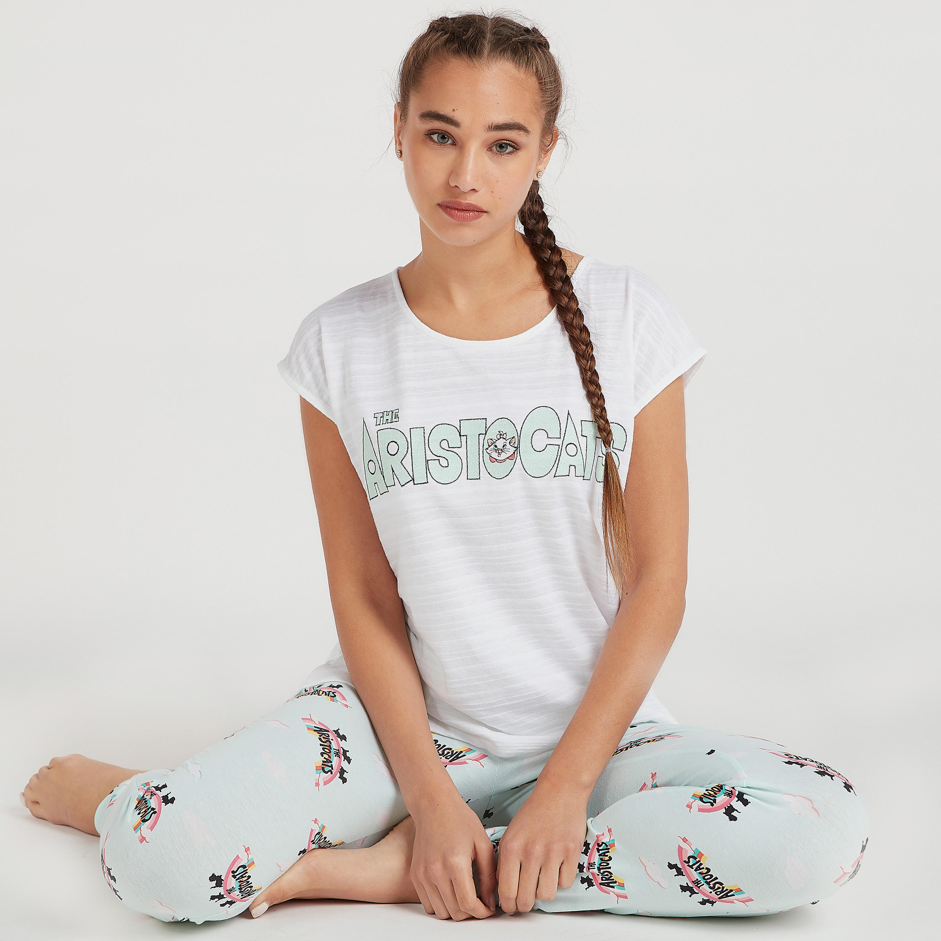 طقم بنطلون بيجاما وتيشيرت بأكمام كاب وطبعات-women-clothing-nightwear-pyjamas-longsets-image-7