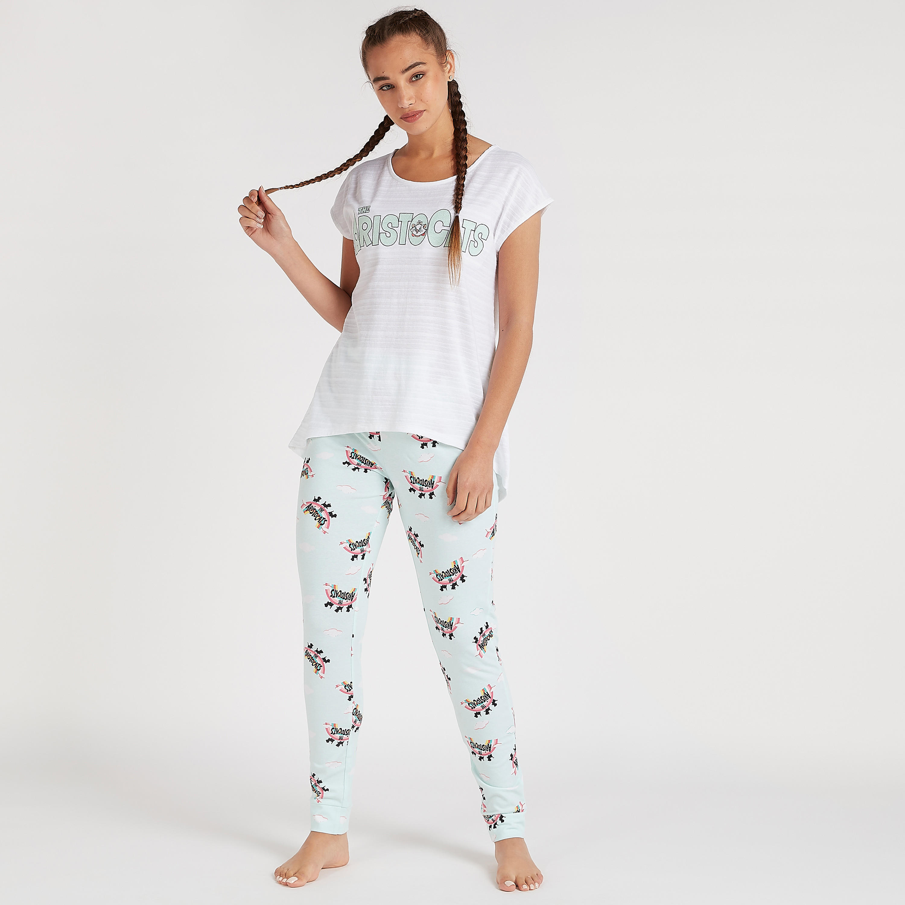 طقم بنطلون بيجاما وتيشيرت بأكمام كاب وطبعات-women-clothing-nightwear-pyjamas-longsets-image-6