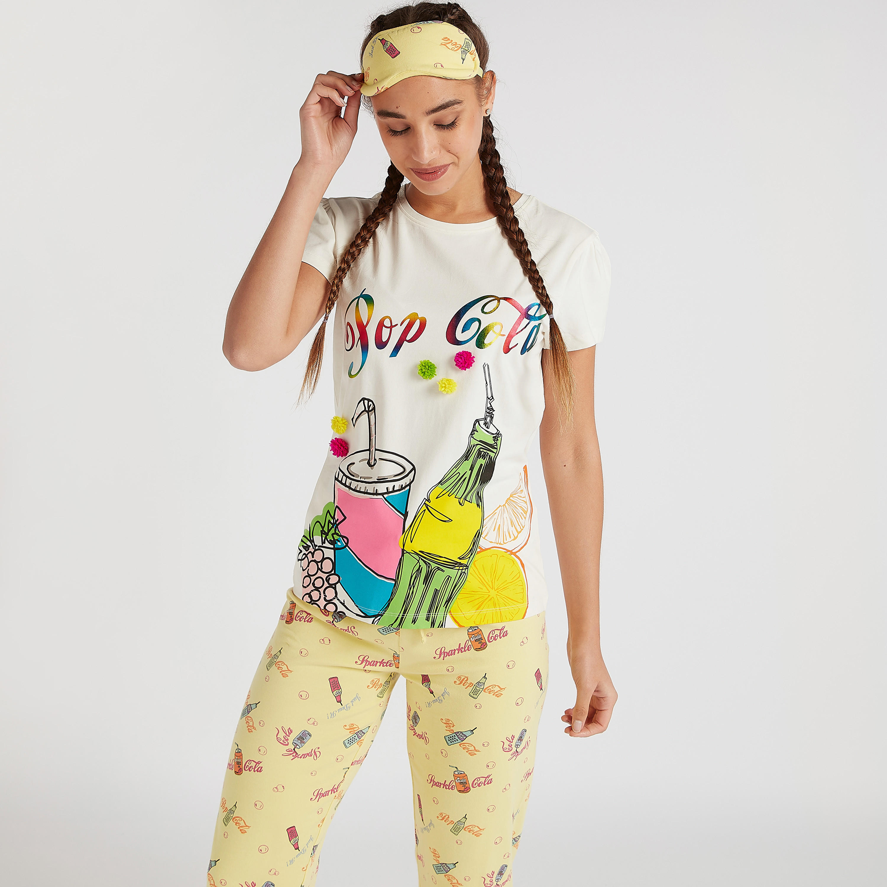 طقم بنطلون بيجاما وتيشيرت بطبعات مع قناع عيون-women-clothing-nightwear-pyjamas-longsets-image-1