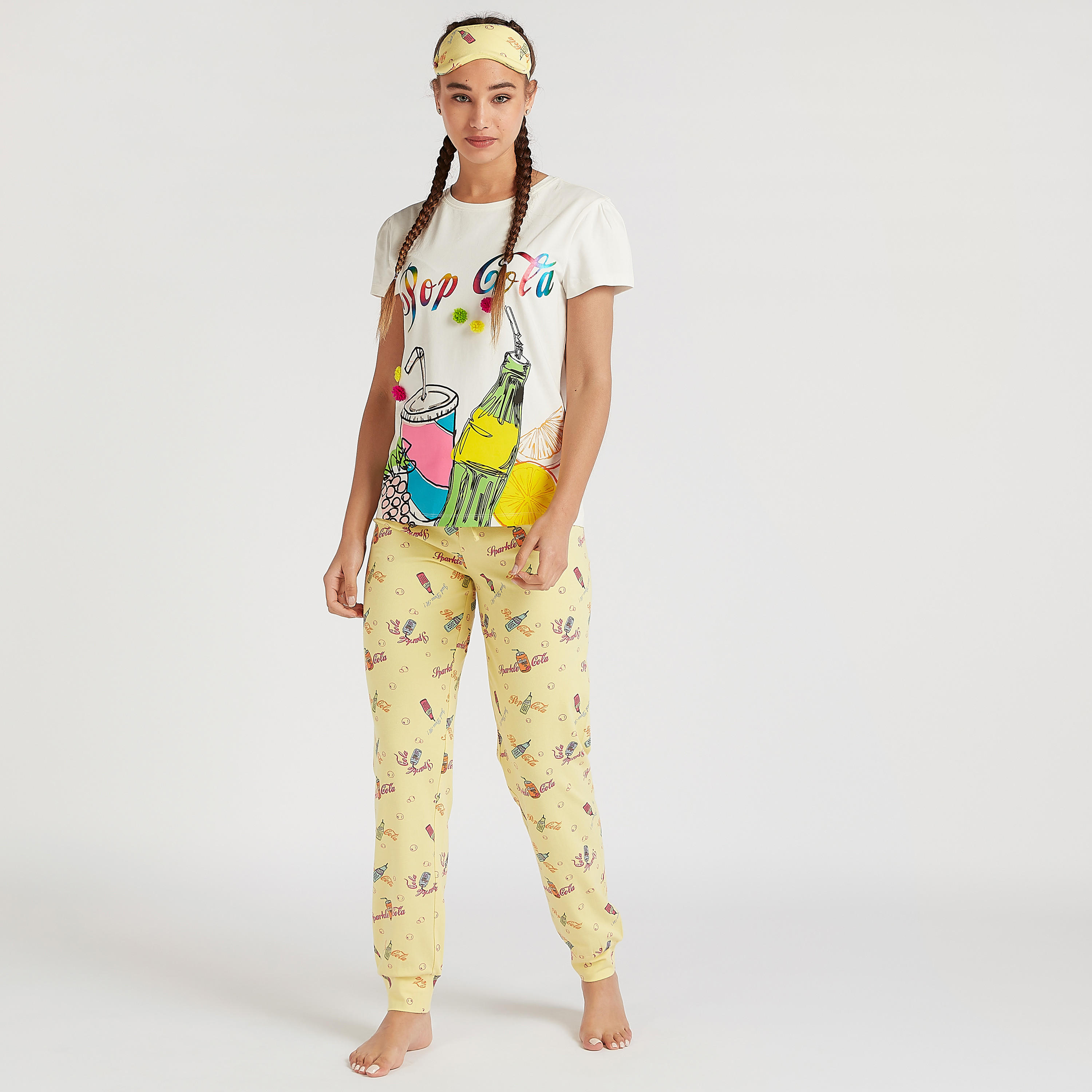 طقم بنطلون بيجاما وتيشيرت بطبعات مع قناع عيون-women-clothing-nightwear-pyjamas-longsets-image-2