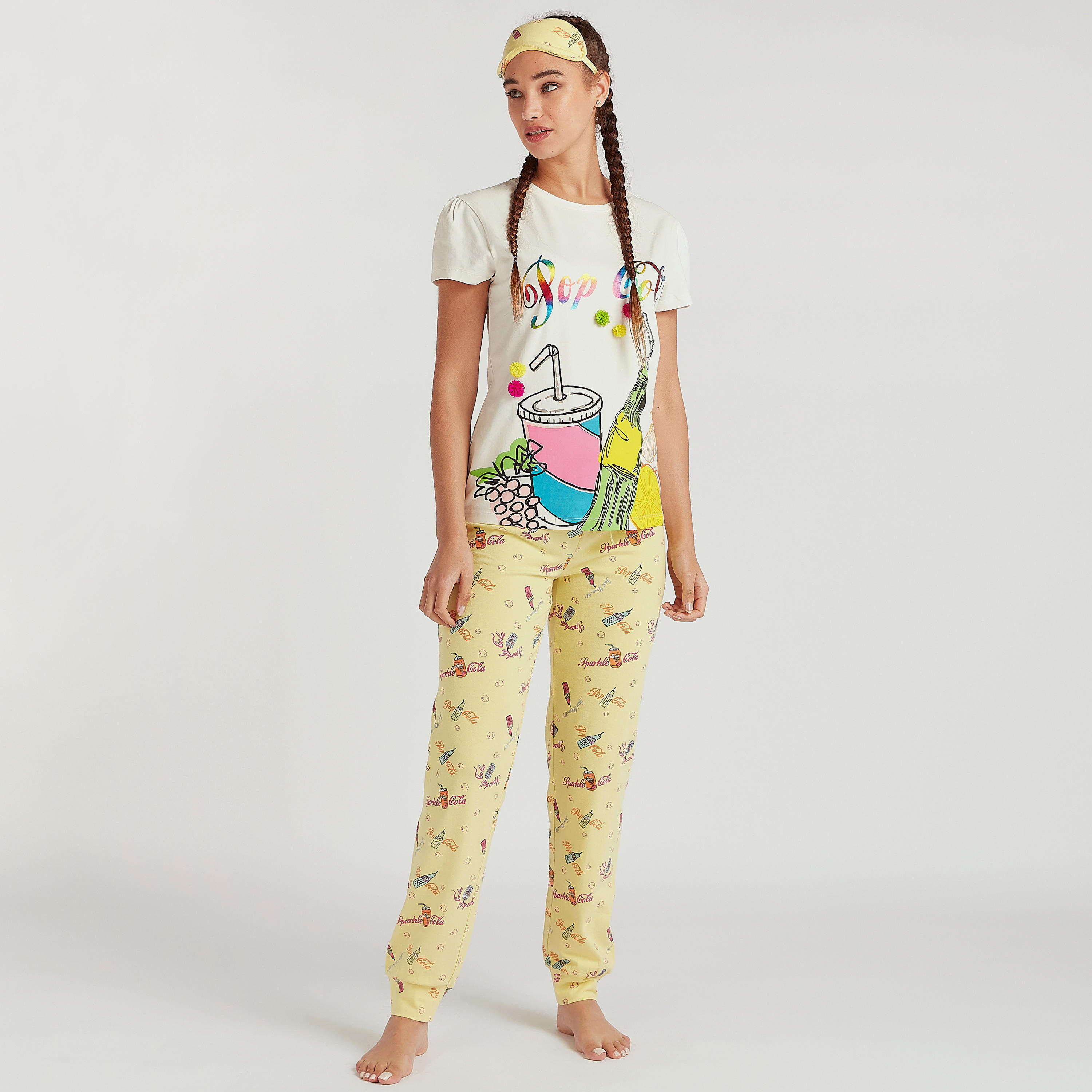 طقم بنطلون بيجاما وتيشيرت بطبعات مع قناع عيون-women-clothing-nightwear-pyjamas-longsets-image-7
