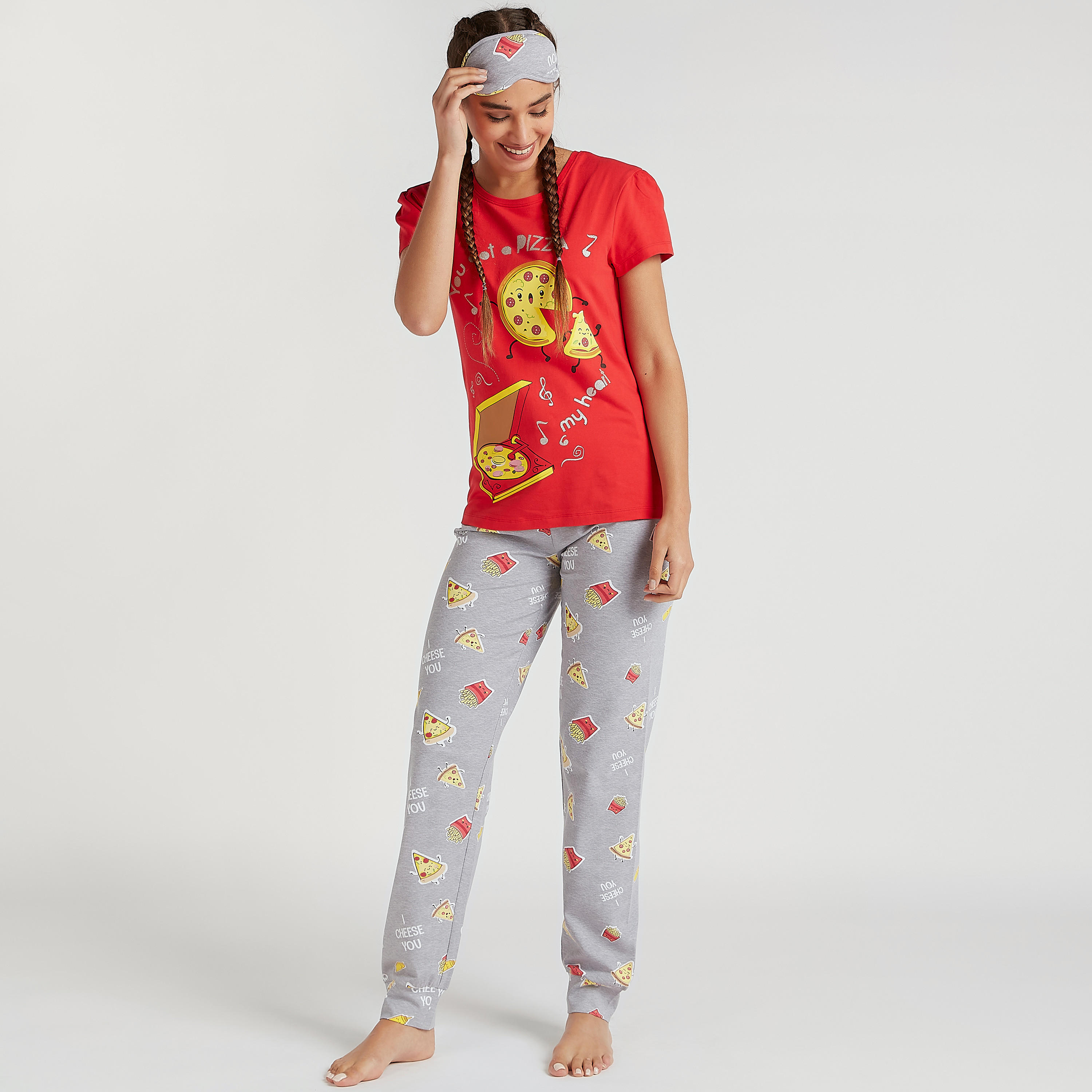 طقم من بنطلون بيجاما طويل مع تيشيرت بأكمام قصيرة وطبعات-women-clothing-nightwear-pyjamas-longsets-image-2