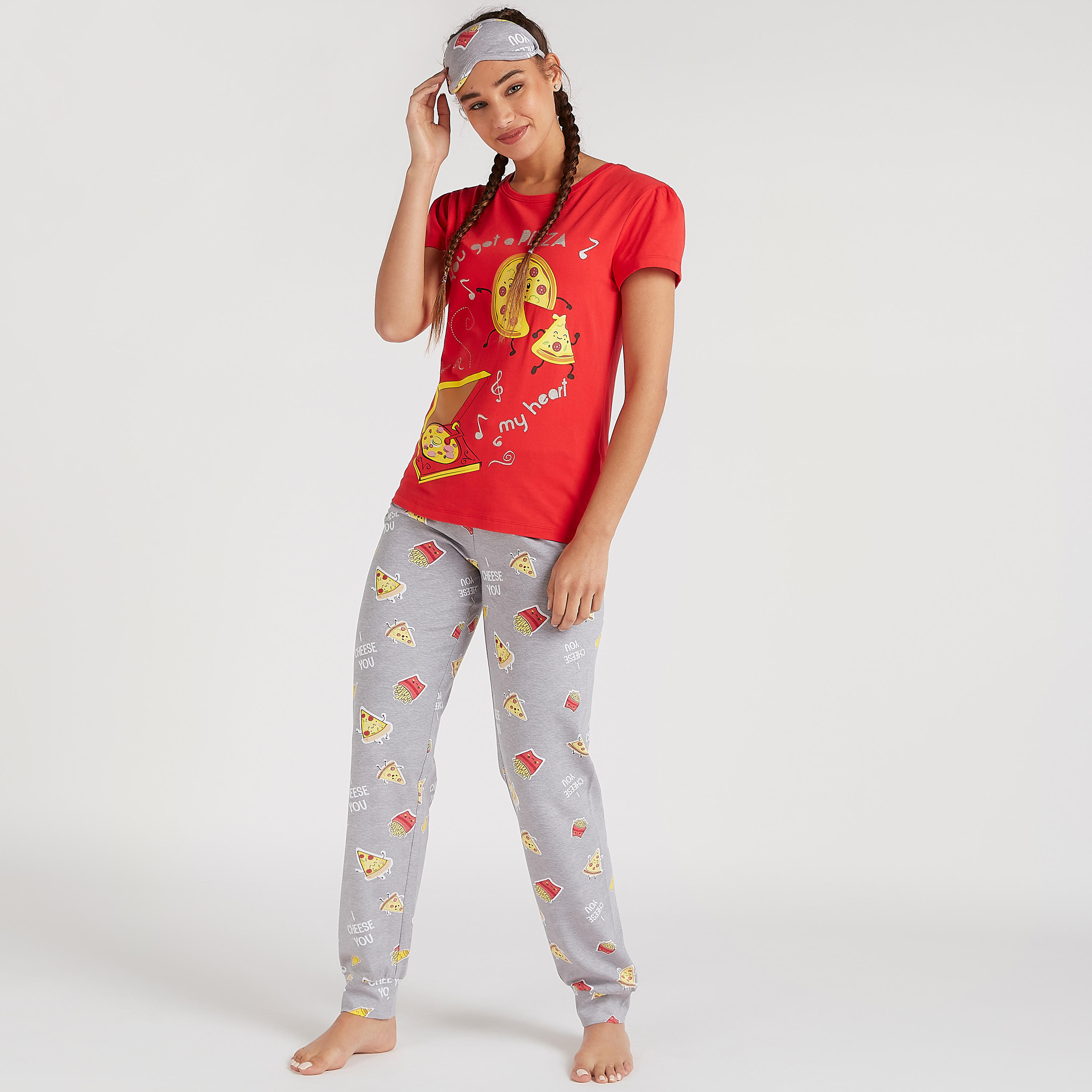 طقم من بنطلون بيجاما طويل مع تيشيرت بأكمام قصيرة وطبعات-women-clothing-nightwear-pyjamas-longsets-image-6