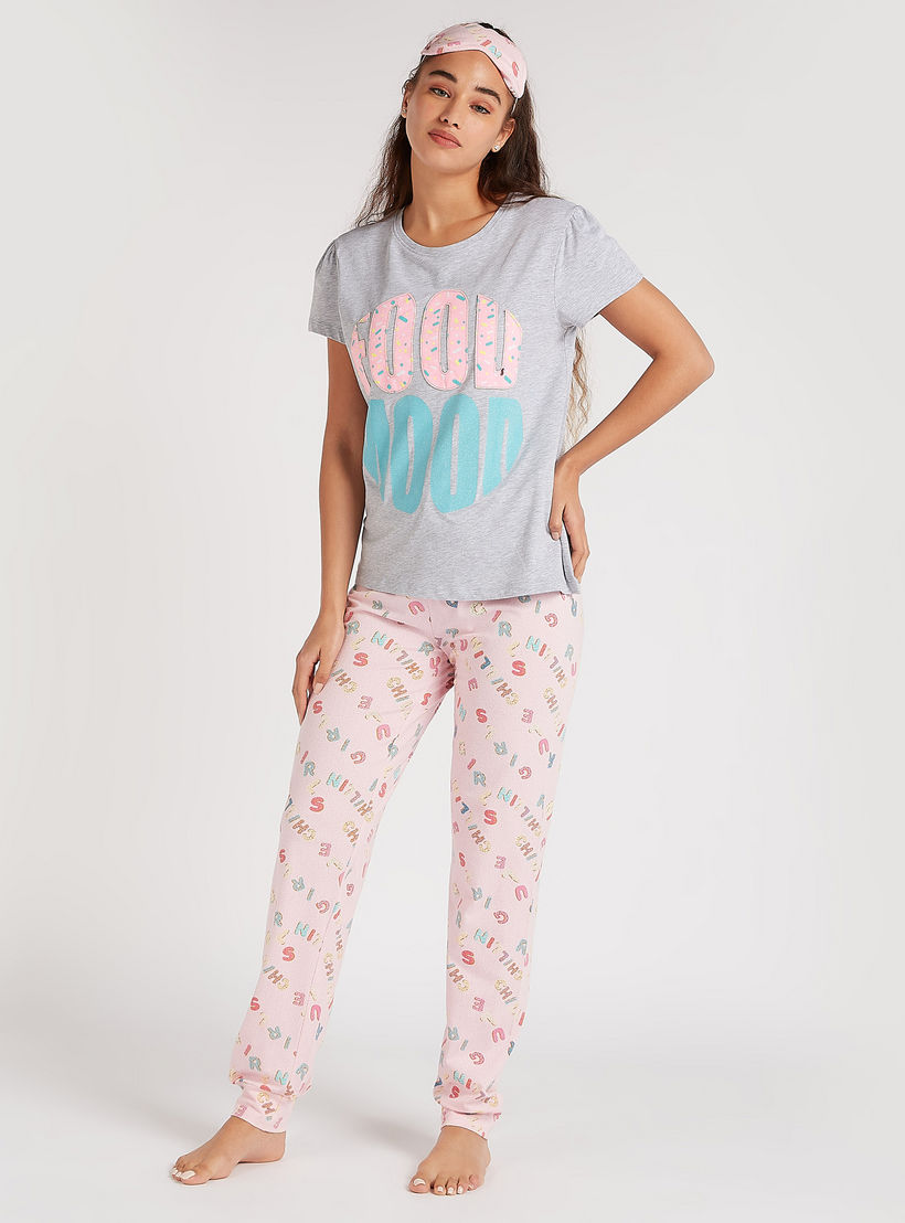 طقم من بنطلون بيجاما طويل وتيشيرت بياقة ضيقة - 3 قطع-women-clothing-nightwear-pyjamas-longsets-image-2