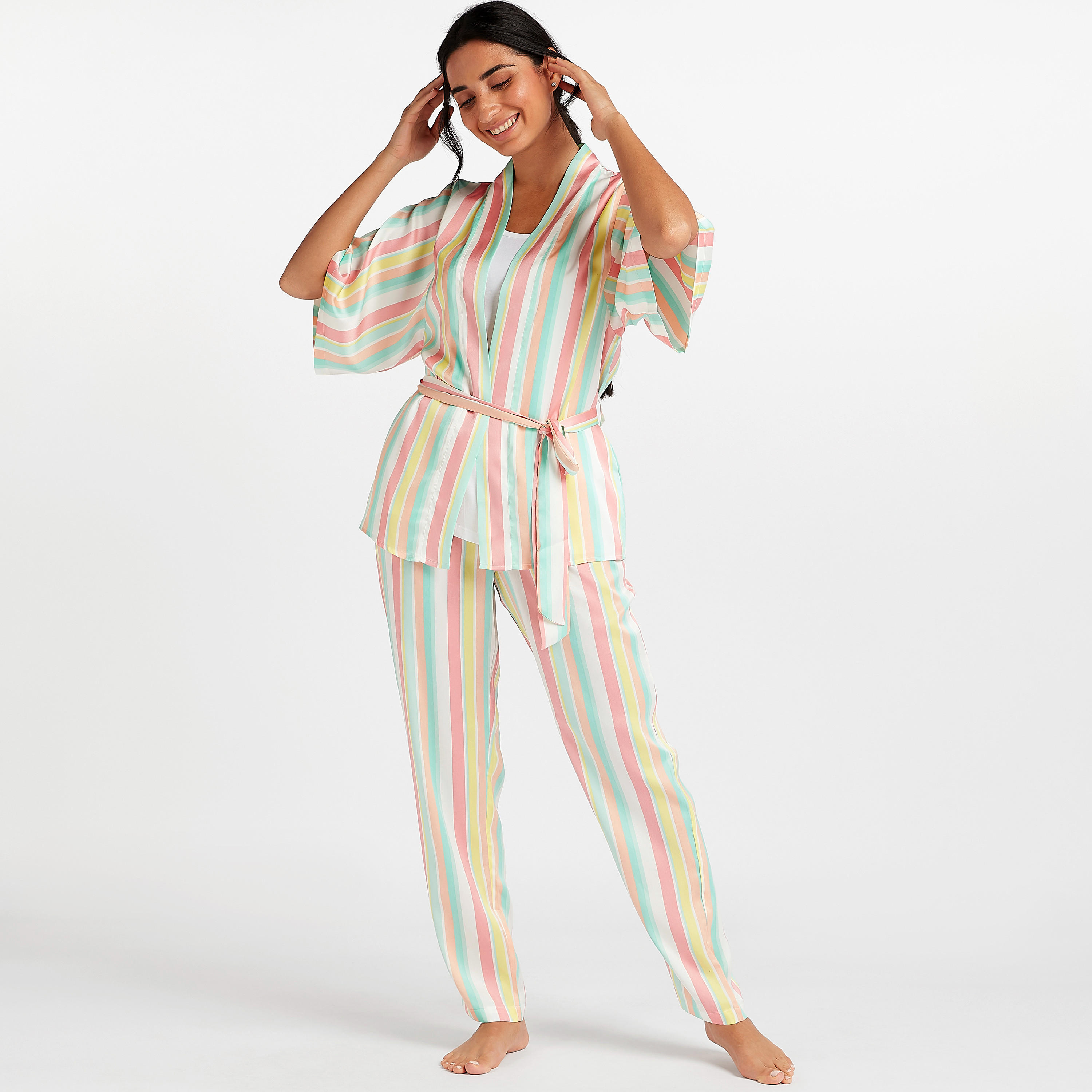 طقم من بنطلون بيجاما طويل وقميص بحزام مقلّم-women-clothing-nightwear-pyjamas-longsets-image-2