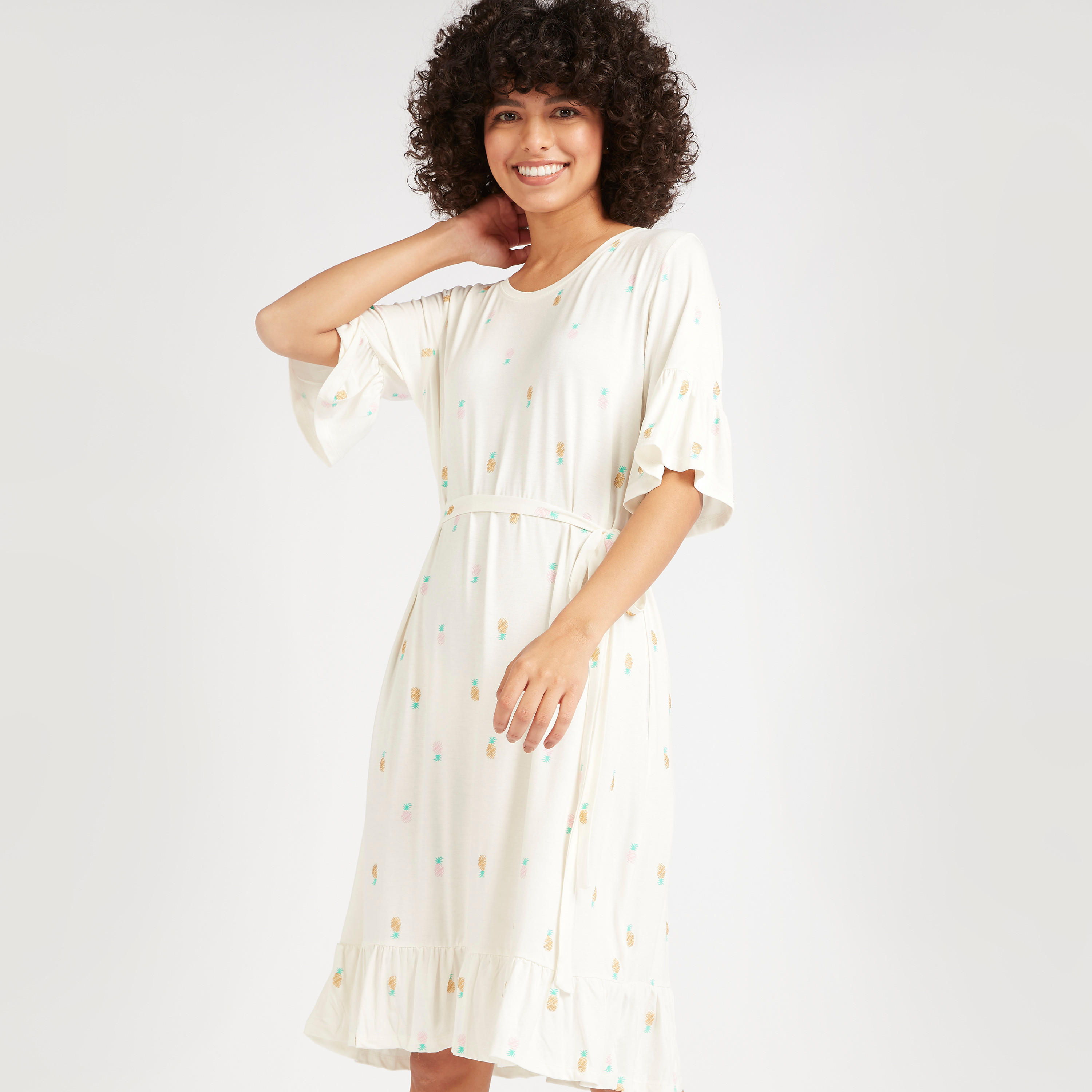 قميص نوم بياقة مستديرة وطبعات وحزام برباط-women-clothing-nightwear-nighties-image-1