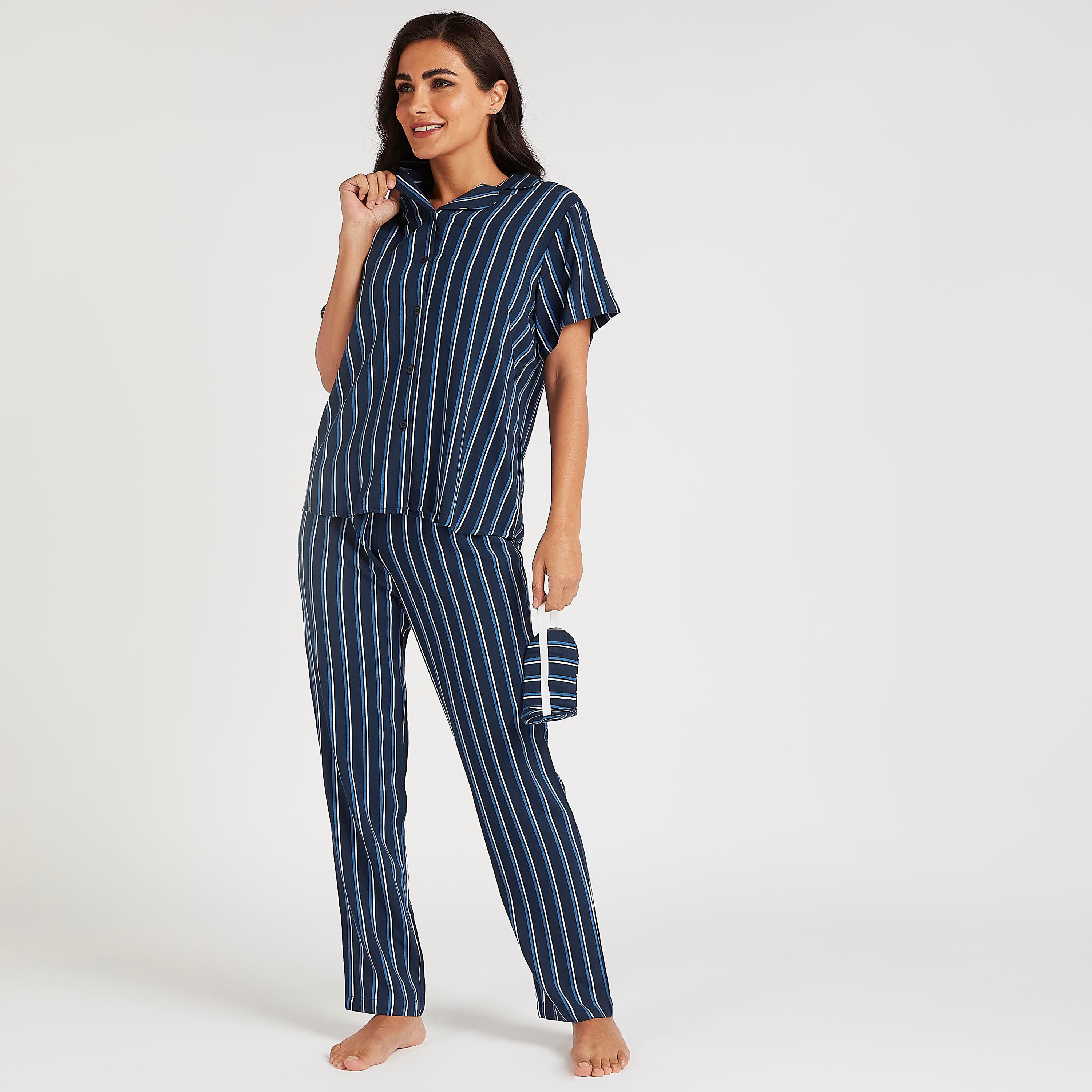 طقم من بنطلون بيجاما طويل بأربطة وقميص مخطّط مع قناع عيون-women-clothing-nightwear-pyjamas-longsets-image-1