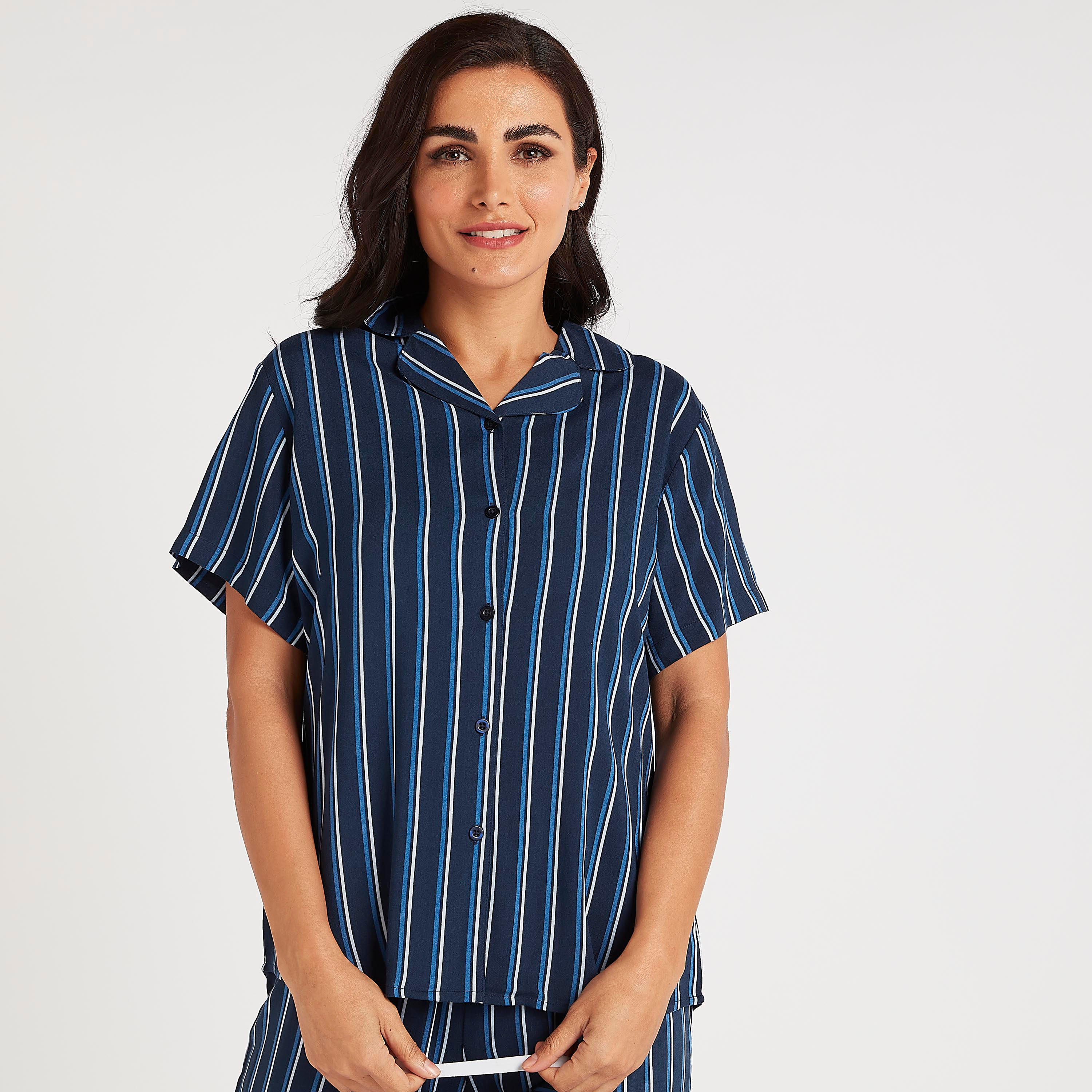 طقم من بنطلون بيجاما طويل بأربطة وقميص مخطّط مع قناع عيون-women-clothing-nightwear-pyjamas-longsets-image-2