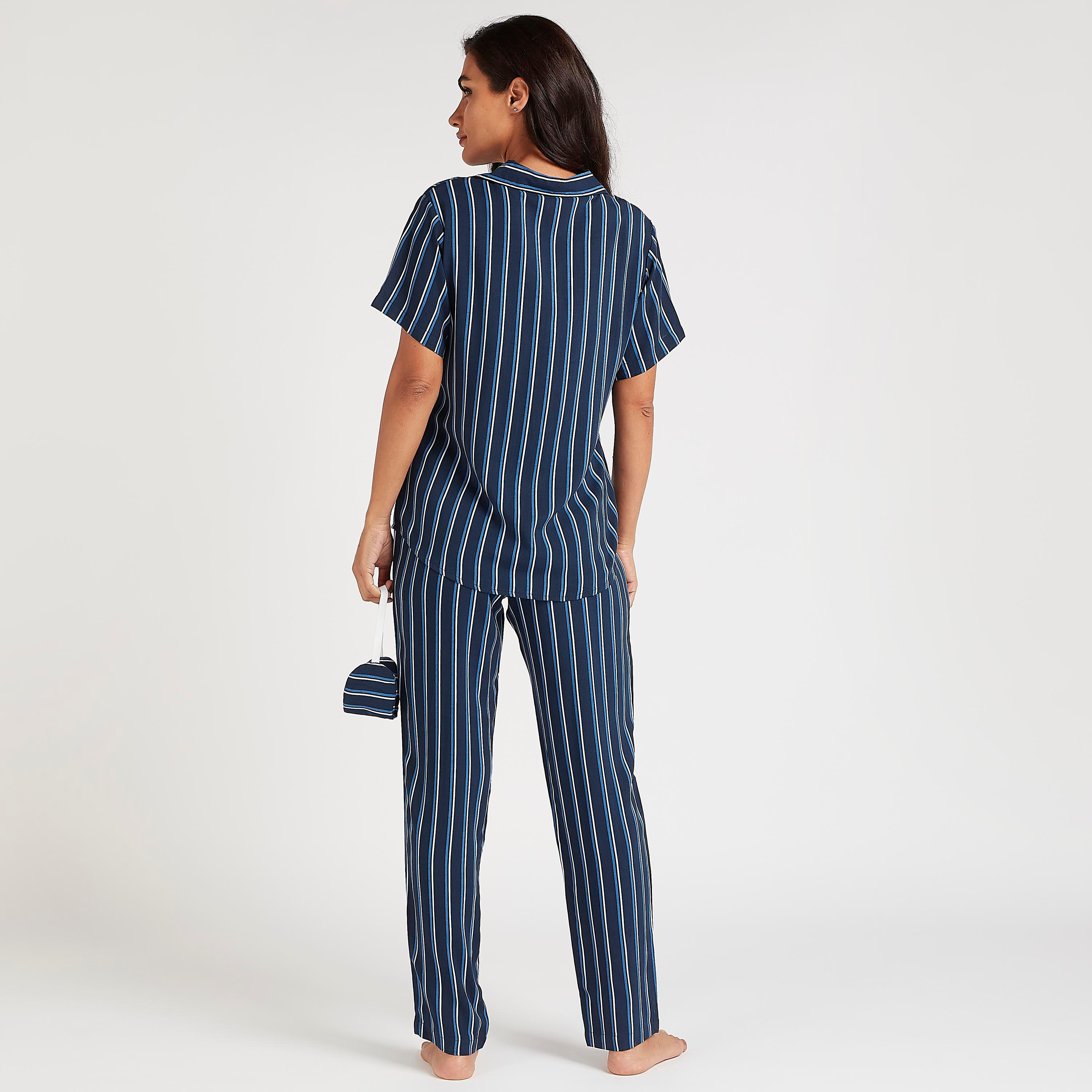 طقم من بنطلون بيجاما طويل بأربطة وقميص مخطّط مع قناع عيون-women-clothing-nightwear-pyjamas-longsets-image-3