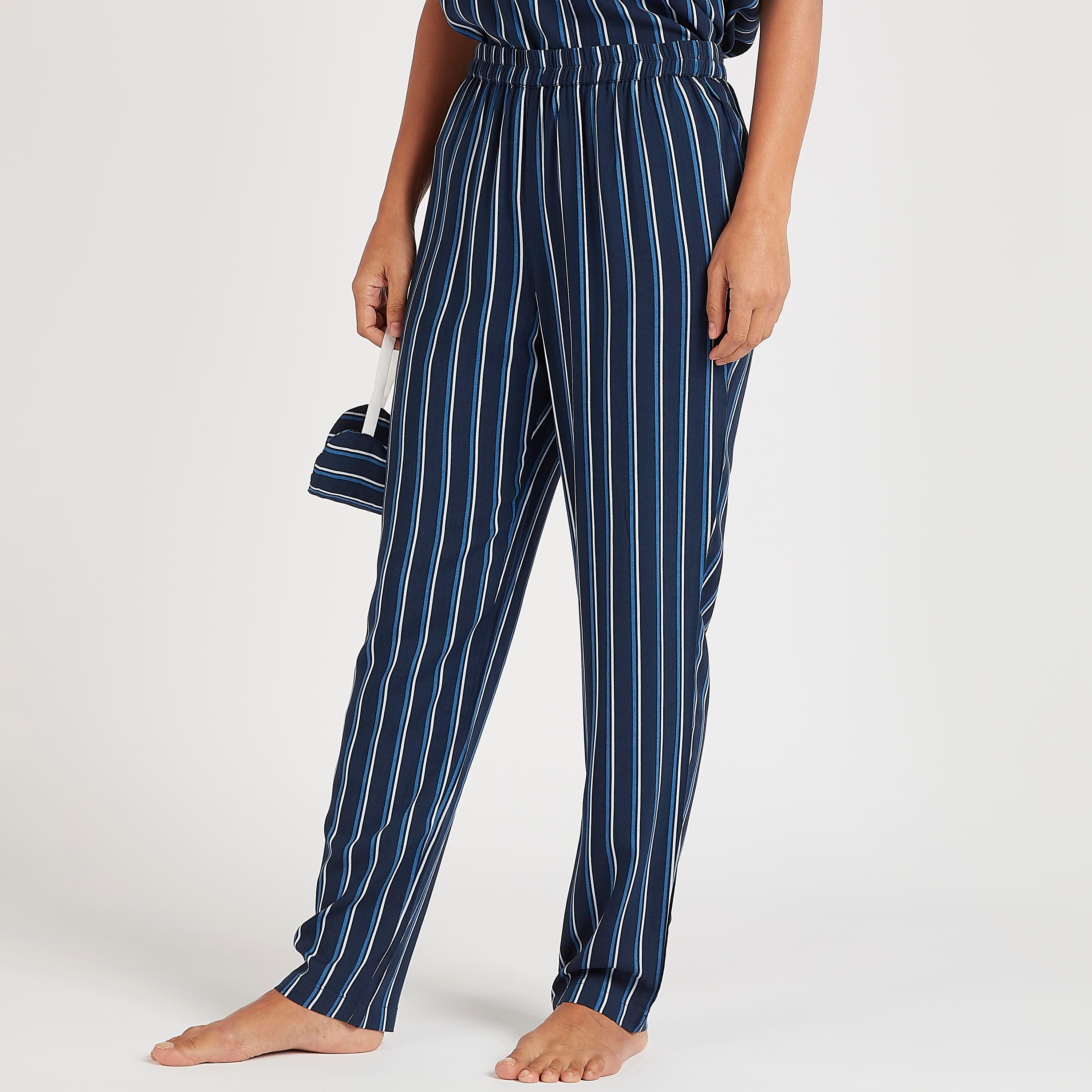 طقم من بنطلون بيجاما طويل بأربطة وقميص مخطّط مع قناع عيون-women-clothing-nightwear-pyjamas-longsets-image-5