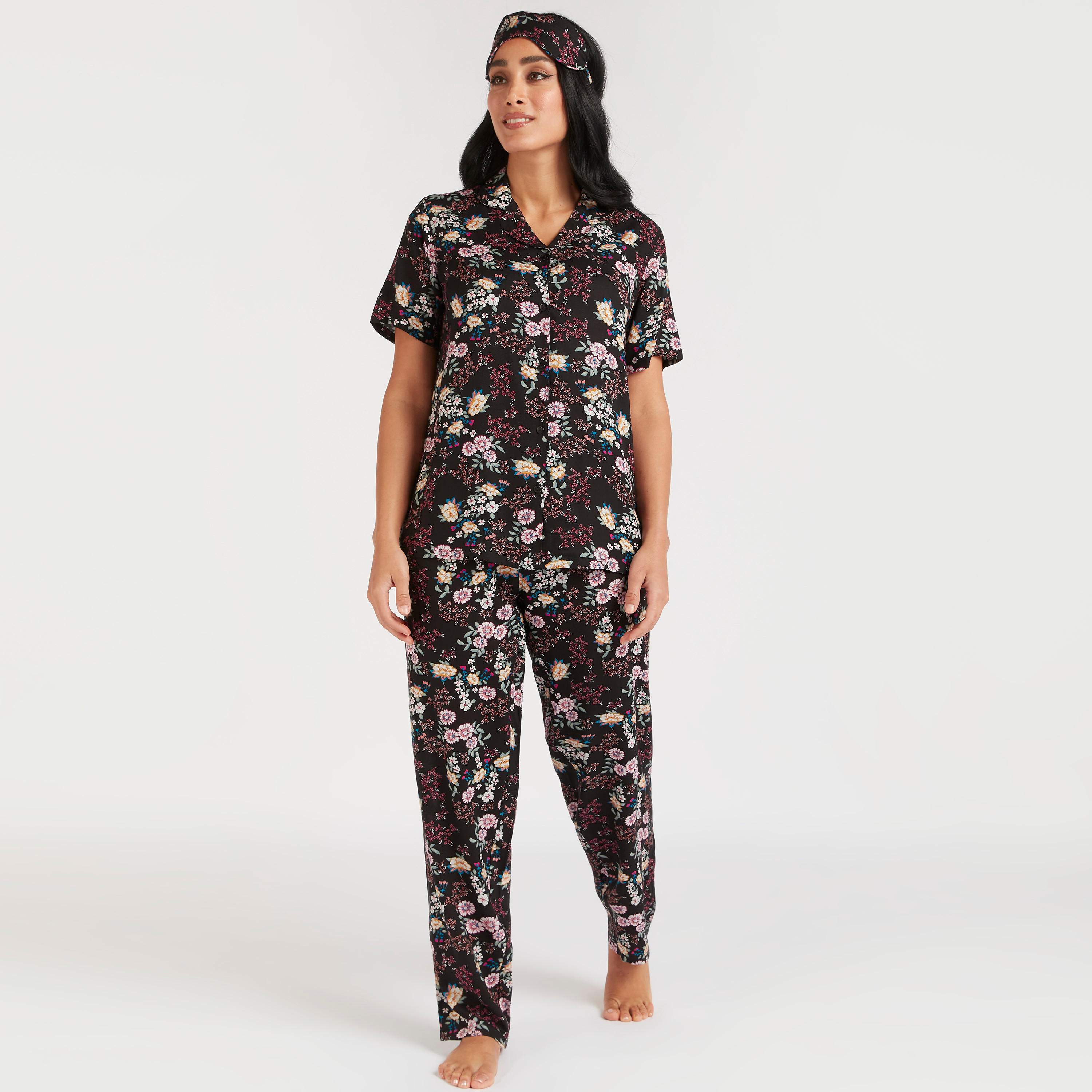 طقم بنطلون بيجاما طويل وقميص بطبعات وقناع عيون-women-clothing-nightwear-pyjamas-longsets-image-1