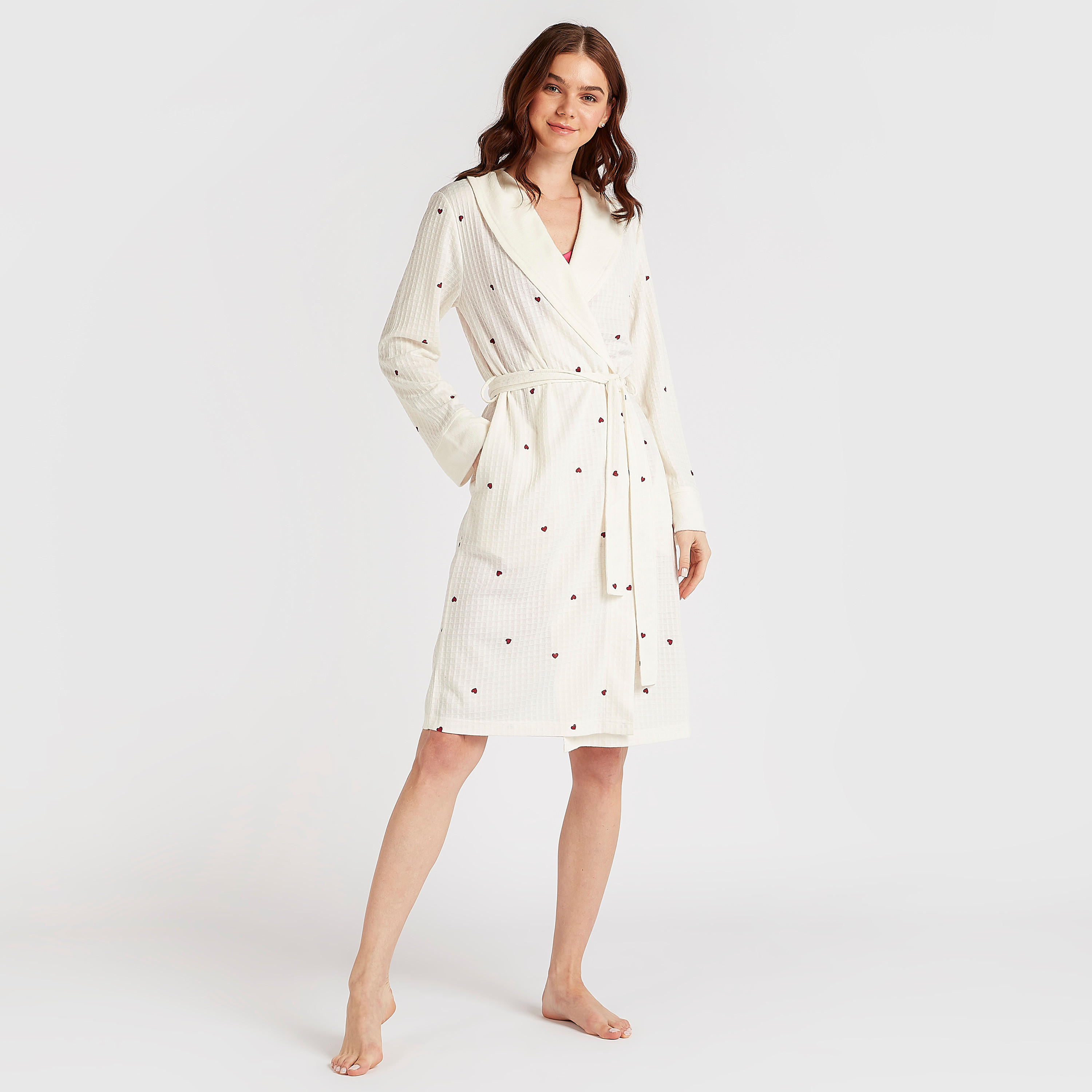 روب نوم بحزام بارز الملمس وافل بأكمام طويلة وياقة منسدلة-women-clothing-nightwear-robes-image-1