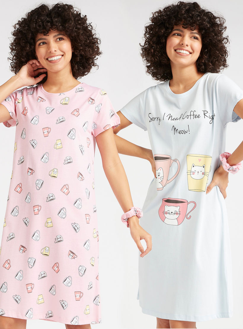 Set of 2 - Printed Sleepshirt with Short Sleeves-women-clothing-nightwear-nighties-image-1