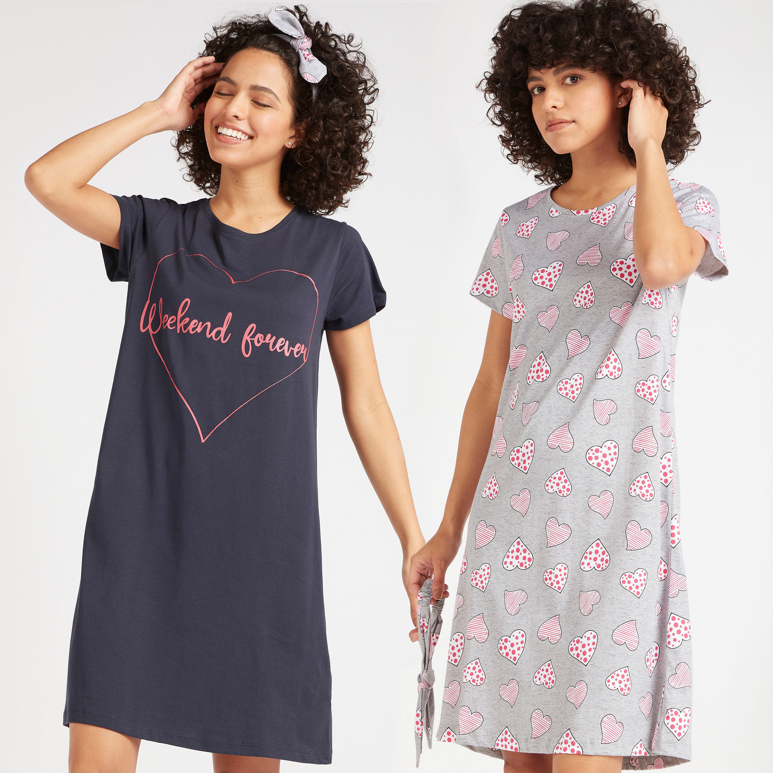 Set of 2 - Heart Print Sleepshirt with Short Sleeves-women-clothing-nightwear-nighties-image-1