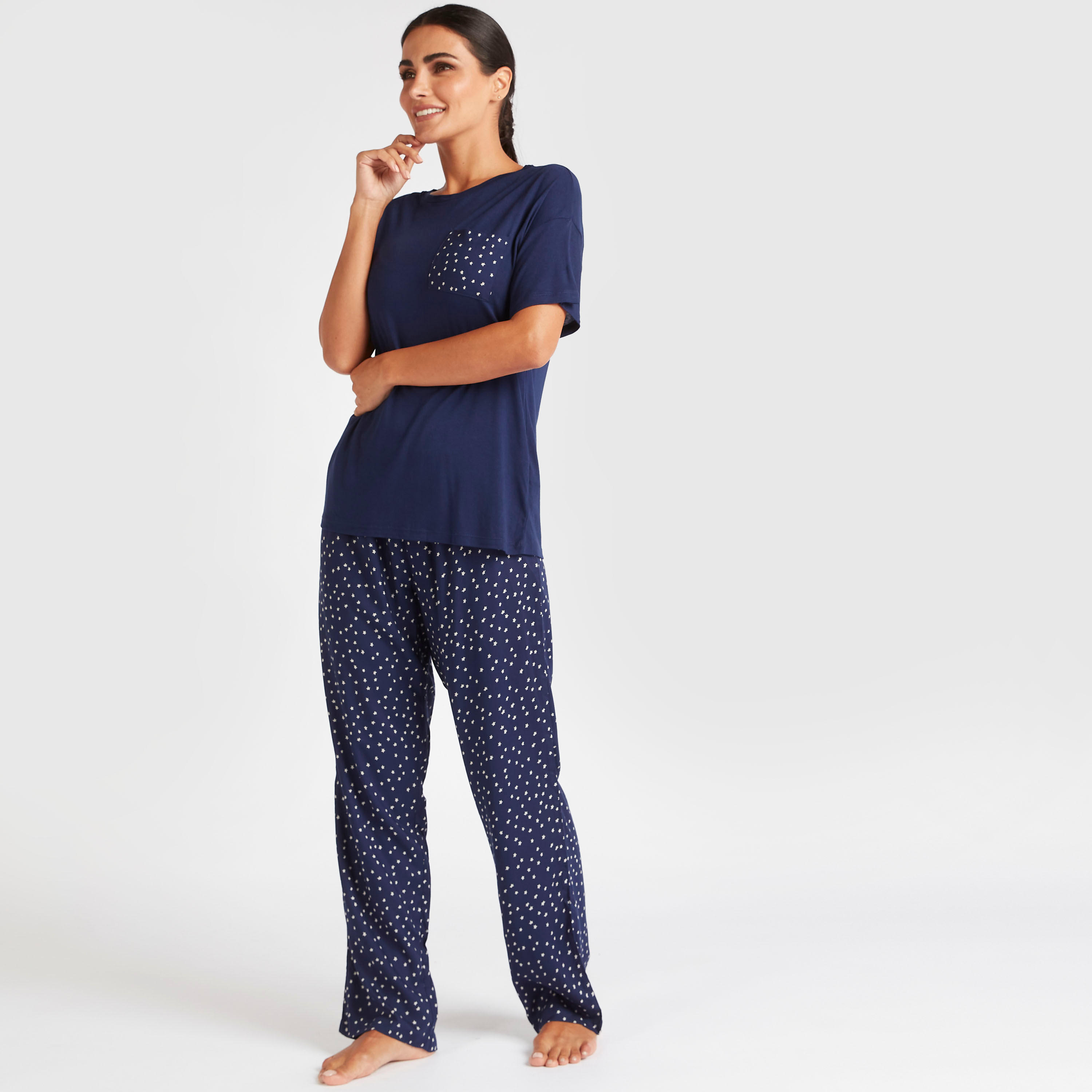 Solid Round Neck T-shirt and Dot Print Pyjama Set-women-clothing-nightwear-pyjamas-longsets-image-1