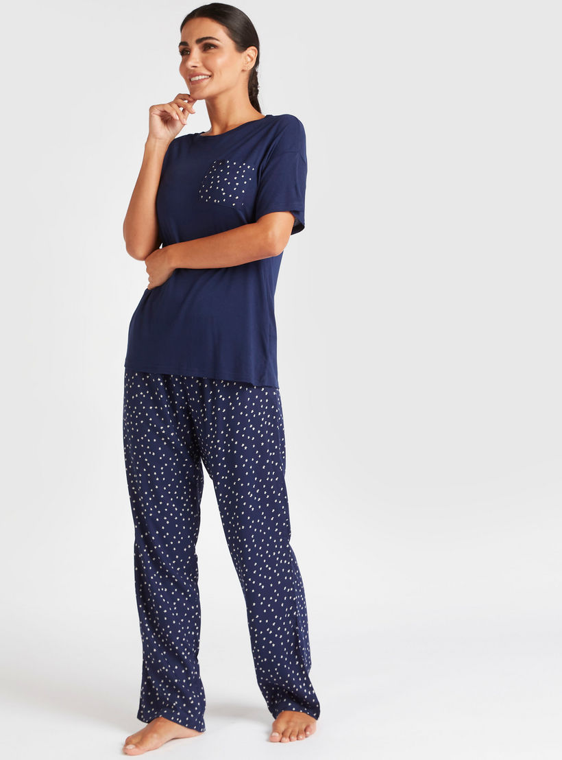 Solid Round Neck T-shirt and Dot Print Pyjama Set-women-clothing-nightwear-pyjamas-longsets-image-1