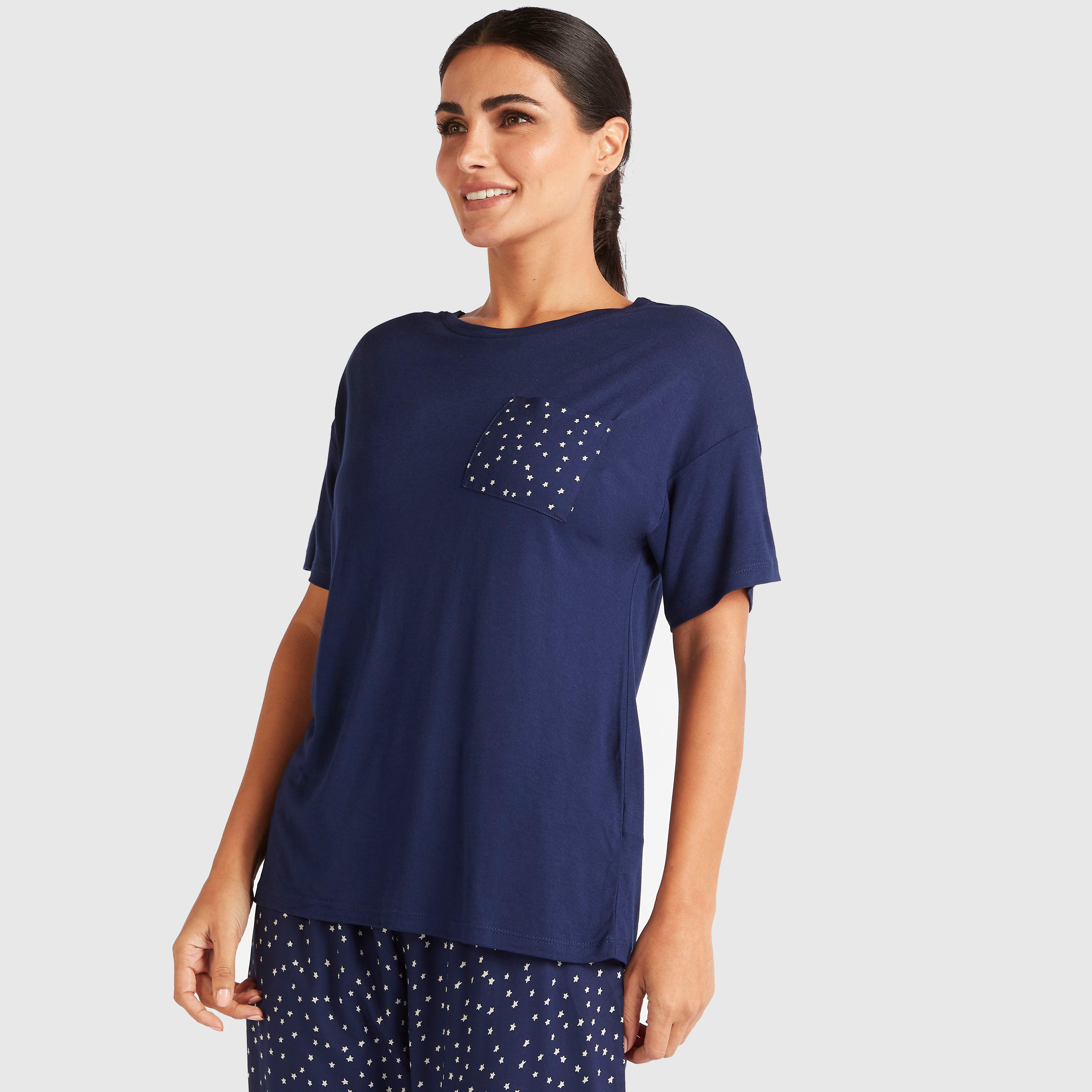Solid Round Neck T-shirt and Dot Print Pyjama Set-women-clothing-nightwear-pyjamas-longsets-image-2