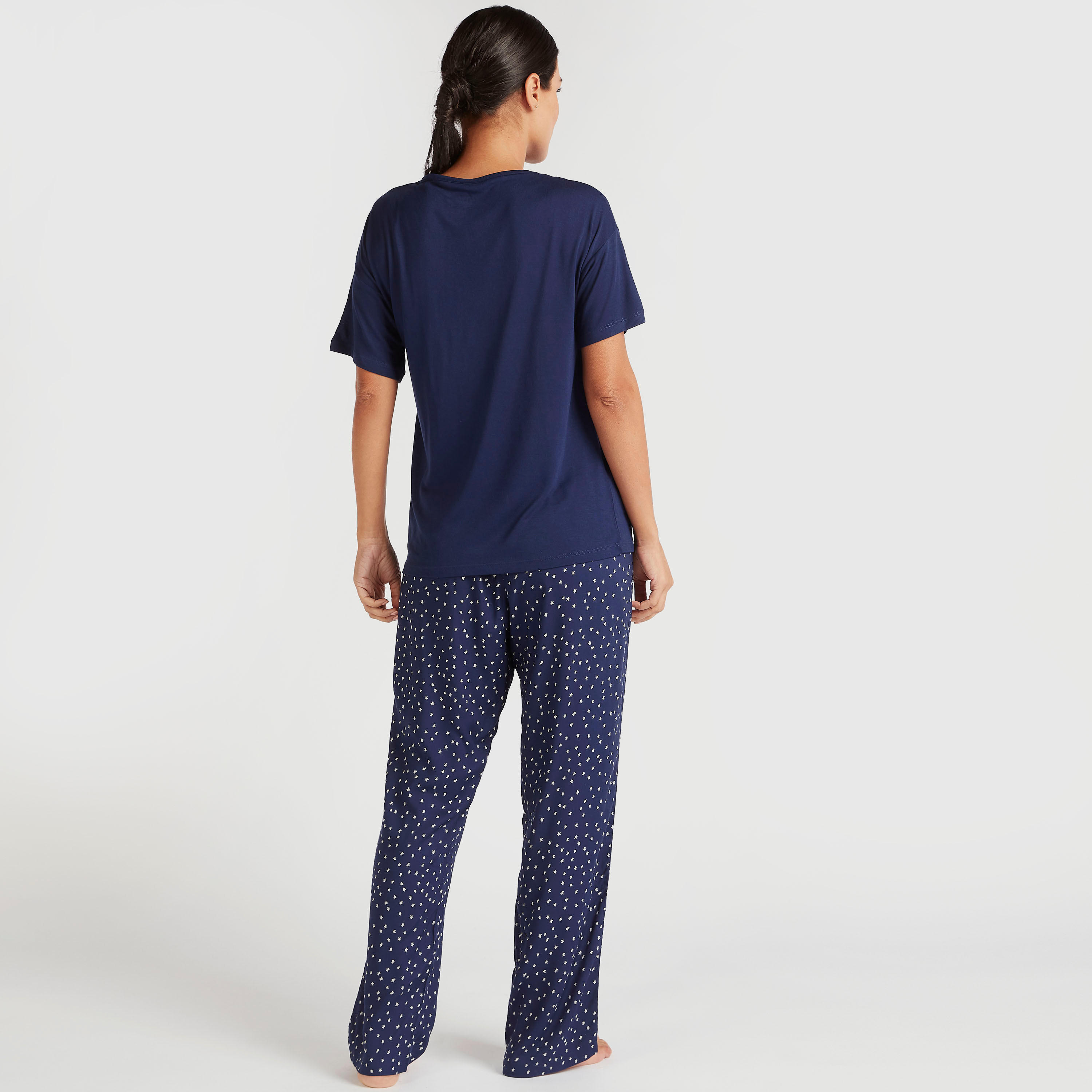 Solid Round Neck T-shirt and Dot Print Pyjama Set-women-clothing-nightwear-pyjamas-longsets-image-3