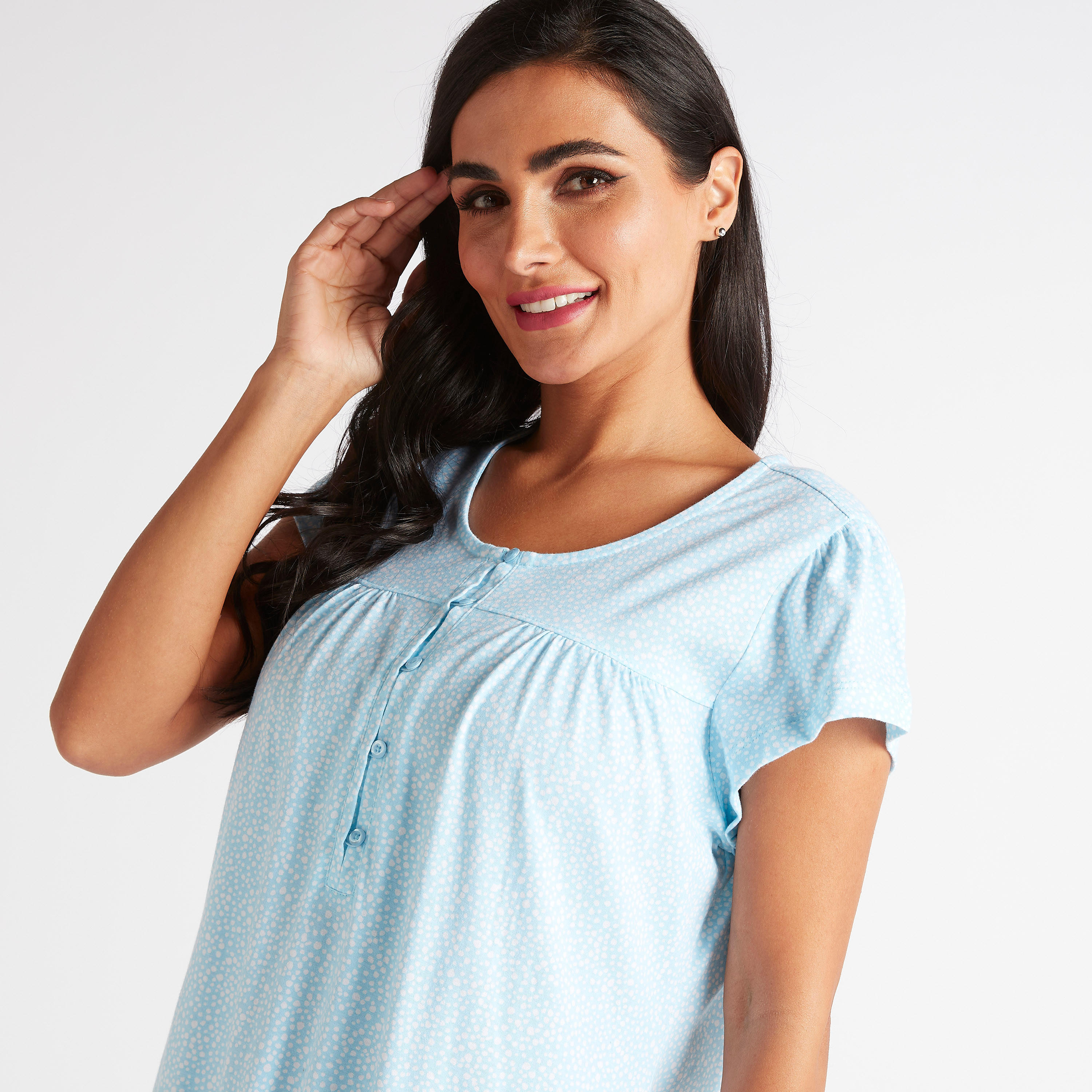 ثوب نوم بطبعات وياقة مستديرة وأكمام كاب-women-clothing-nightwear-nighties-image-3